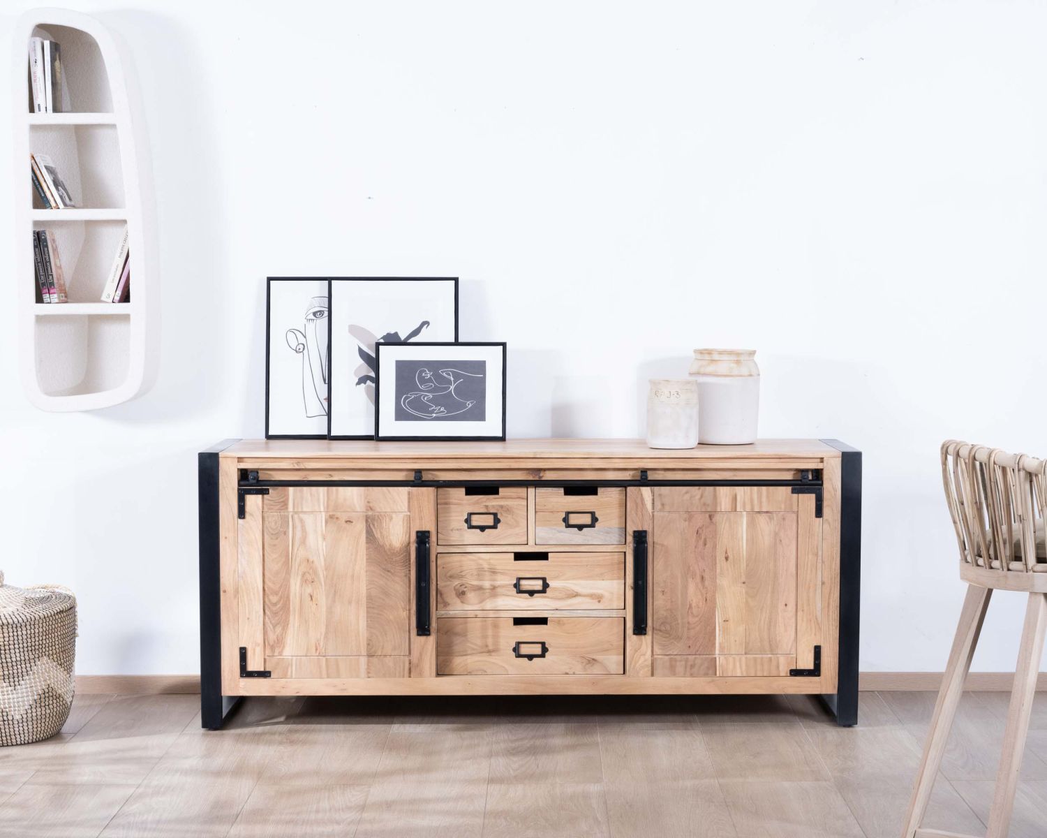 Buffet de salle à manger industriel en métal et bois 190 cm "Montréal"