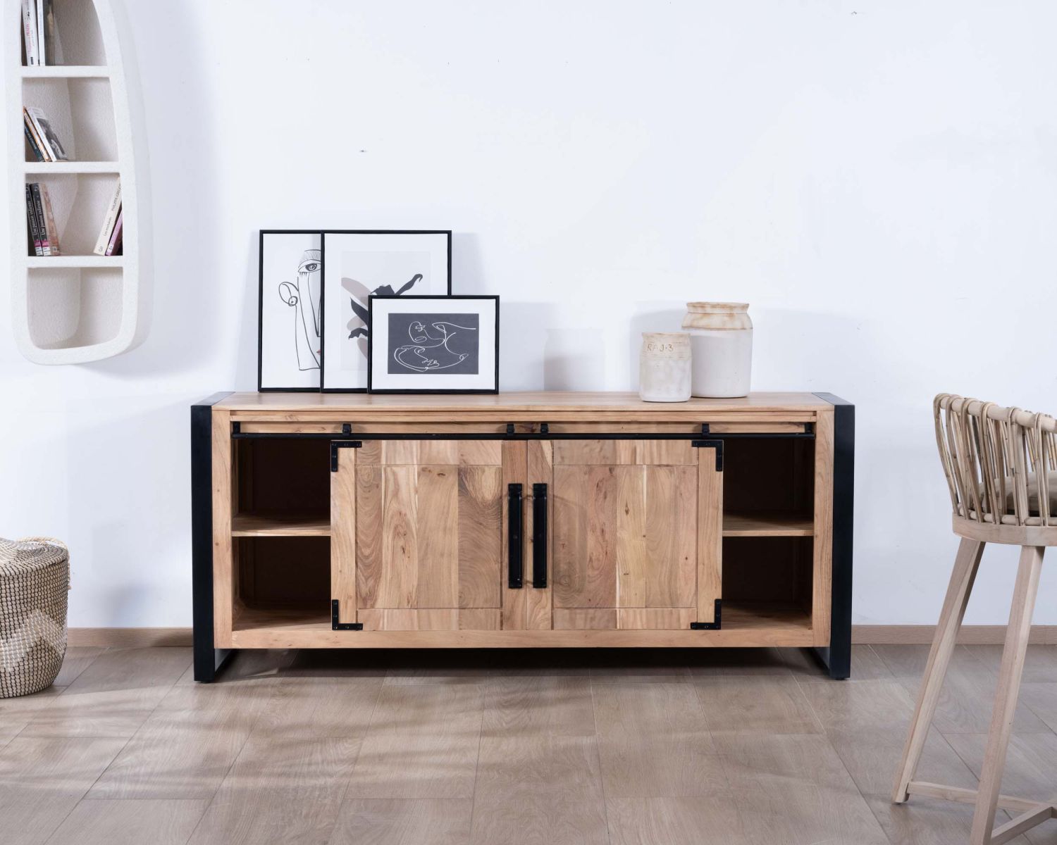 Buffet de salle à manger industriel en métal et bois 190 cm "Montréal"