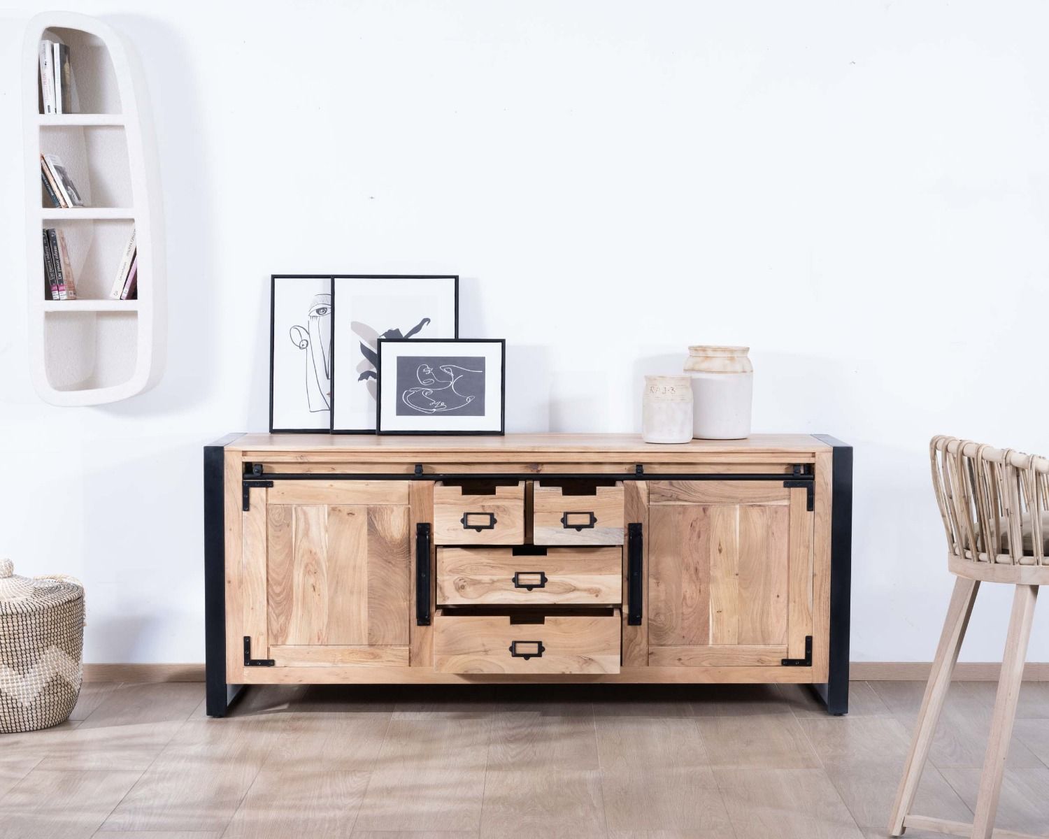 Buffet de salle à manger industriel en métal et bois 190 cm "Montréal"