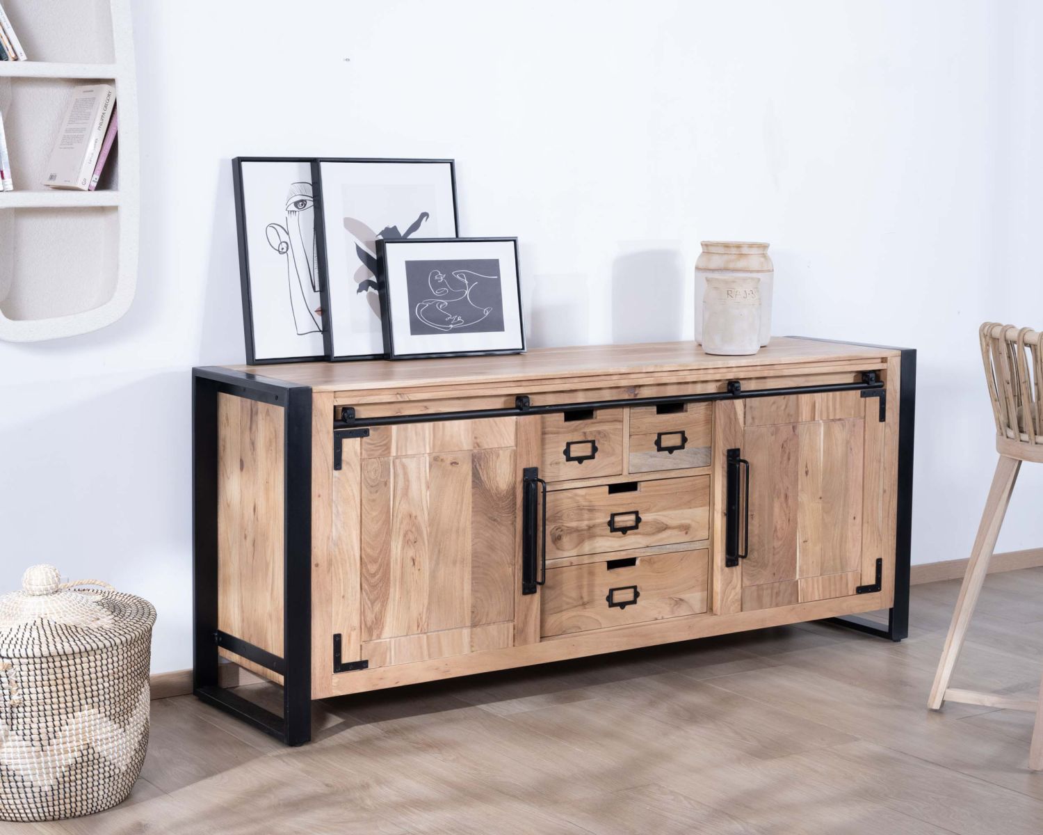 Buffet de salle à manger industriel en métal et bois 190 cm "Montréal"
