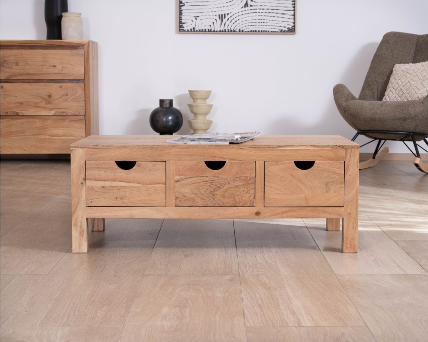 Table basse rectangulaire en acacia massif " Nüma" 100 cm avec tiroirs