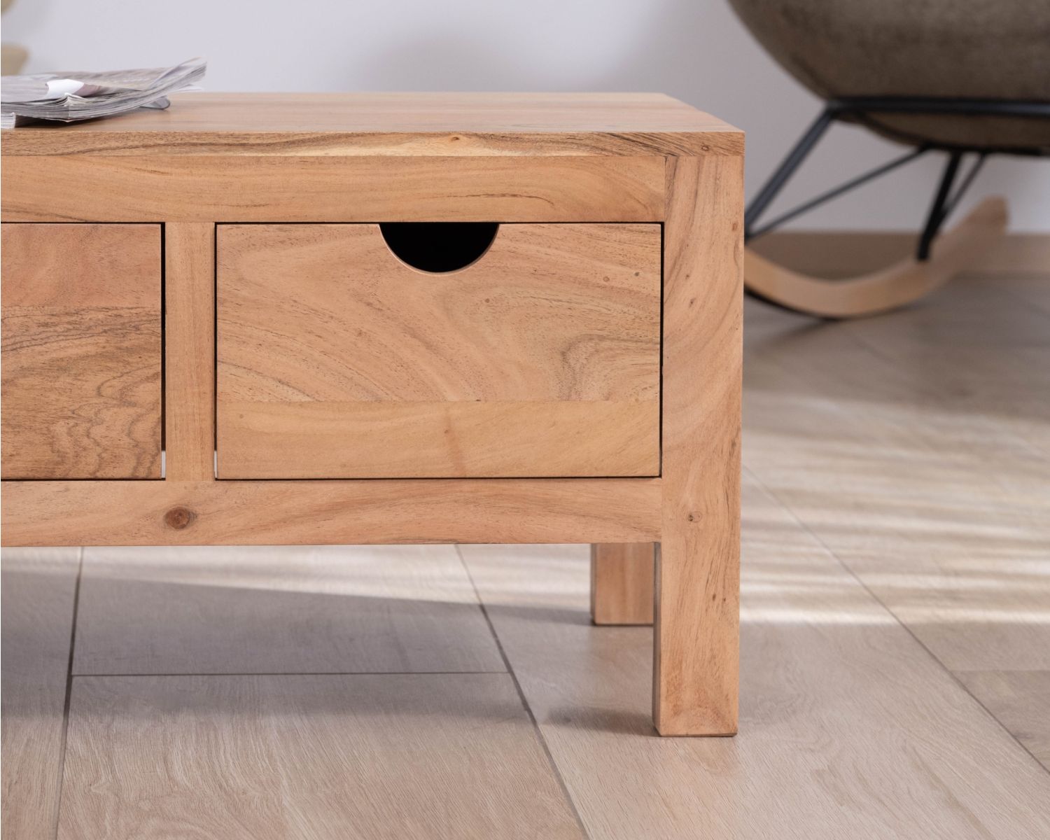 Table basse rectangulaire en acacia massif " Nüma" 100 cm avec tiroirs