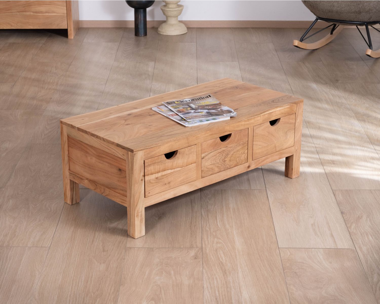 Table basse rectangulaire en acacia massif " Nüma" 100 cm avec tiroirs