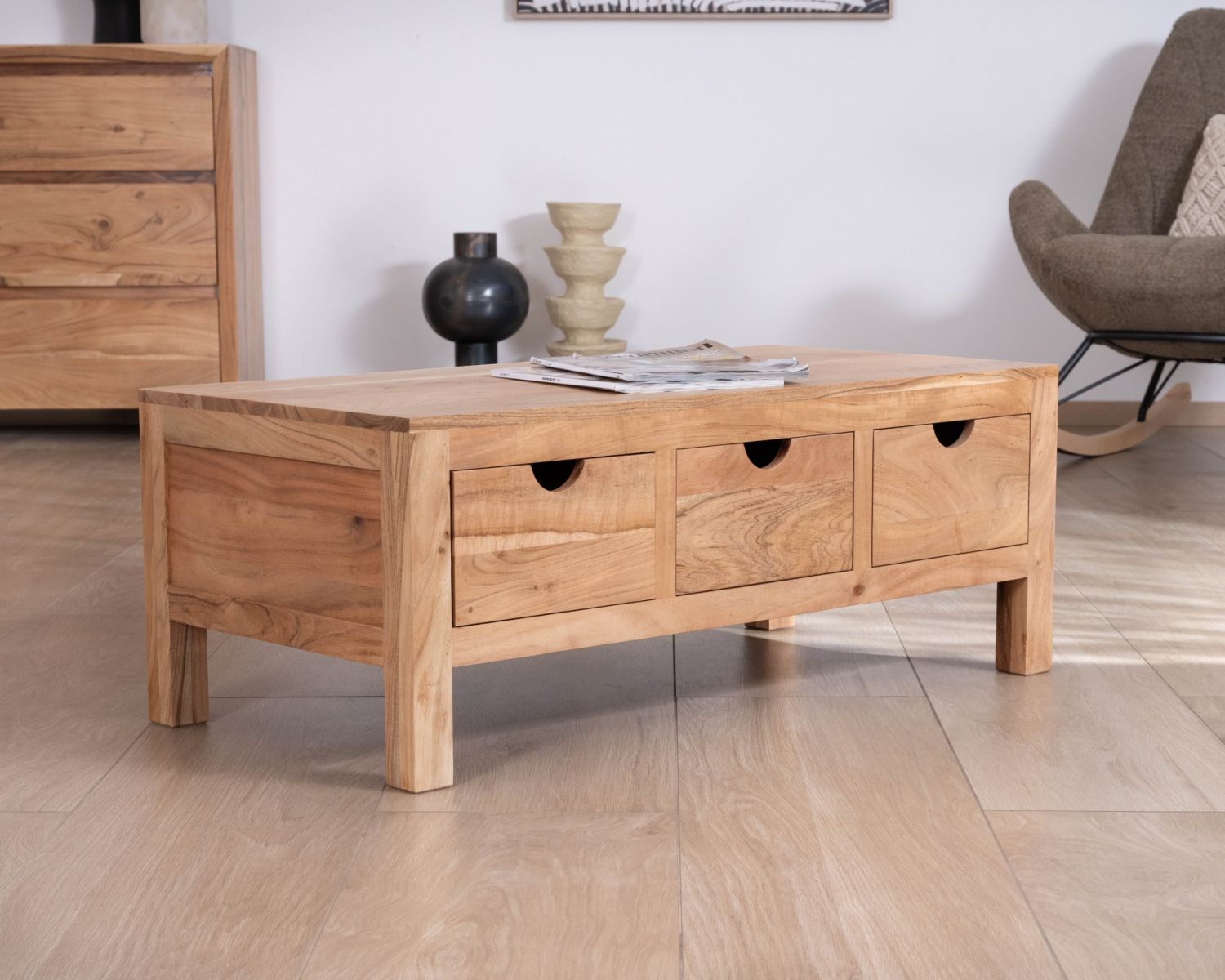 Table basse rectangulaire en acacia massif " Nüma" 100 cm avec tiroirs