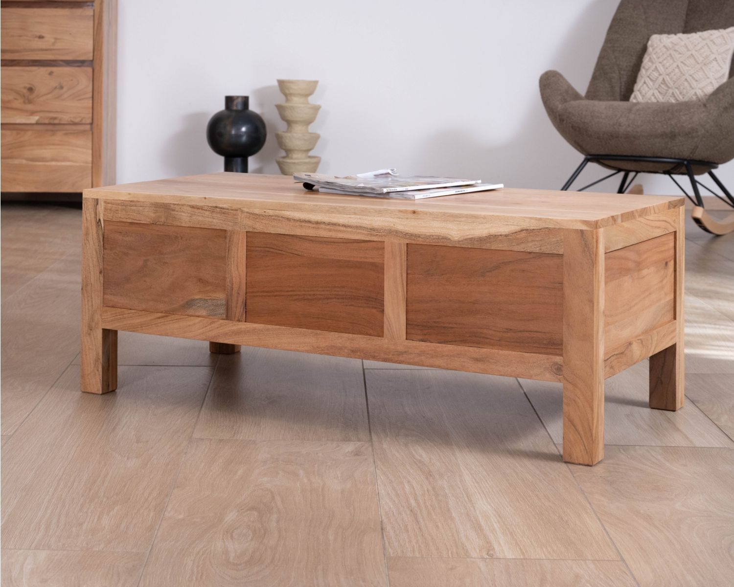 Table basse rectangulaire en acacia massif " Nüma" 100 cm avec tiroirs