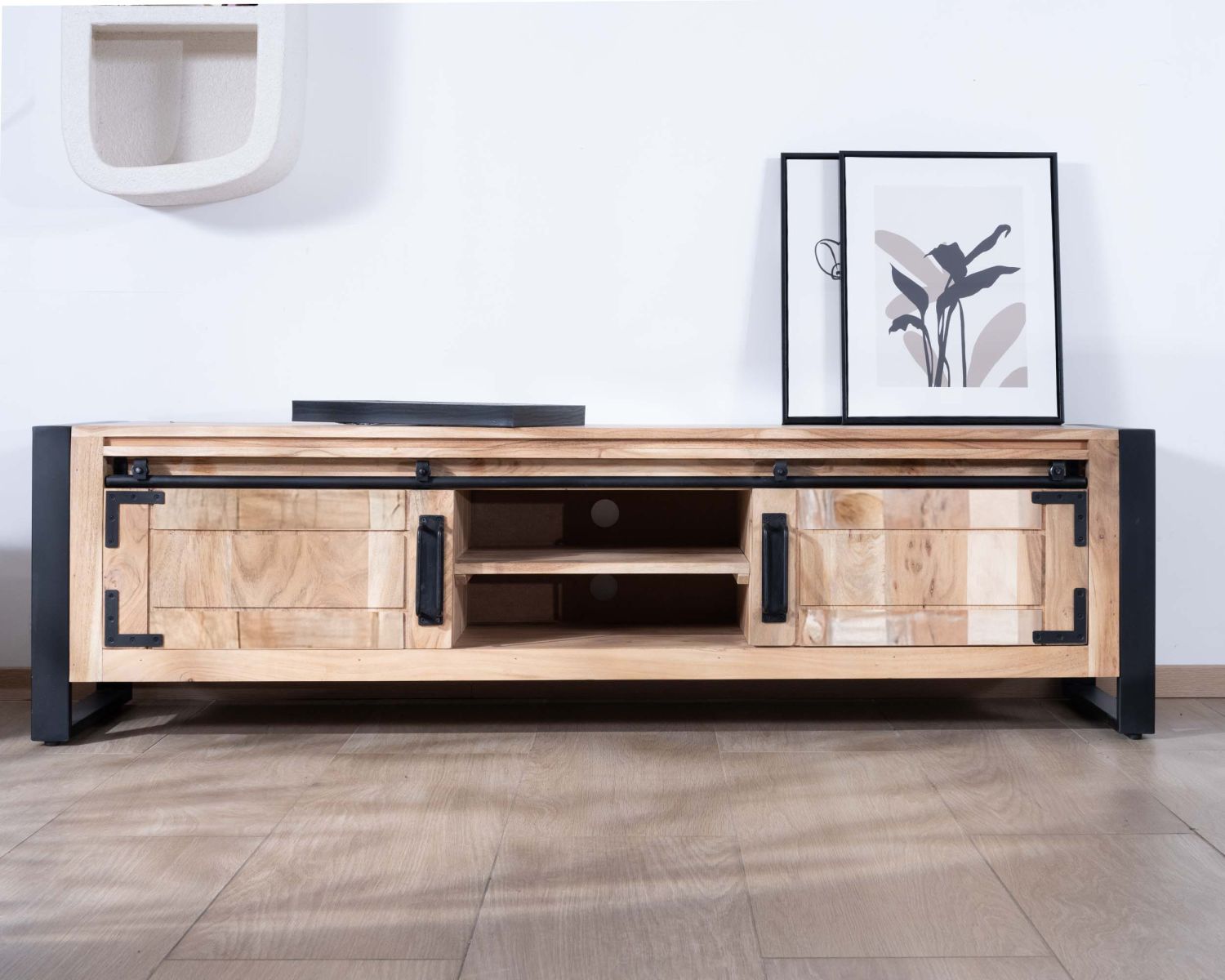 Meuble TV industriel 180 cm bois et métal 2 portes 2 niches "Montréal"