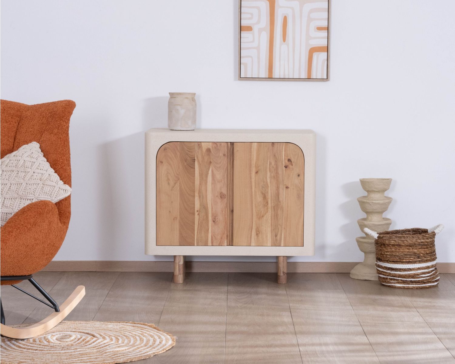 Petit rangement design en acacia naturel et finition aspect béton sablé "Miona"