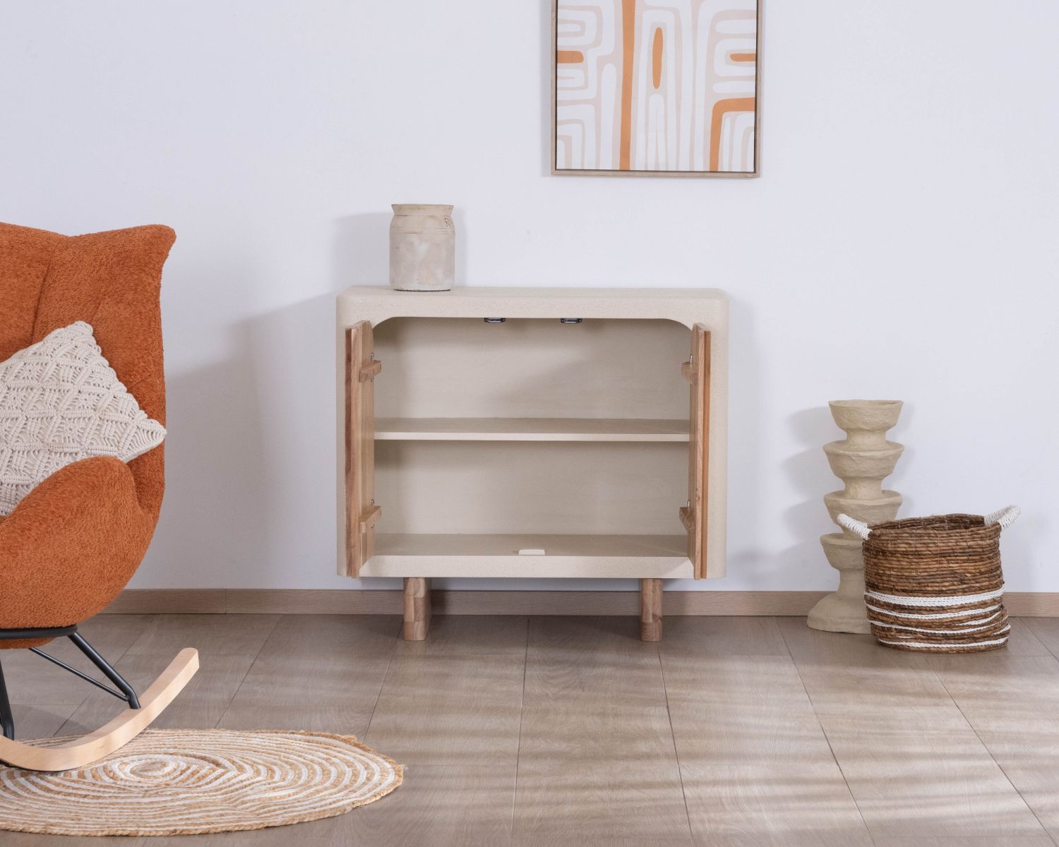 Petit rangement design en acacia naturel et finition aspect béton sablé "Miona"