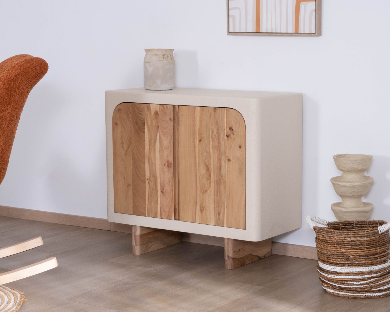 Petit rangement design en acacia naturel et finition aspect béton sablé "Miona"