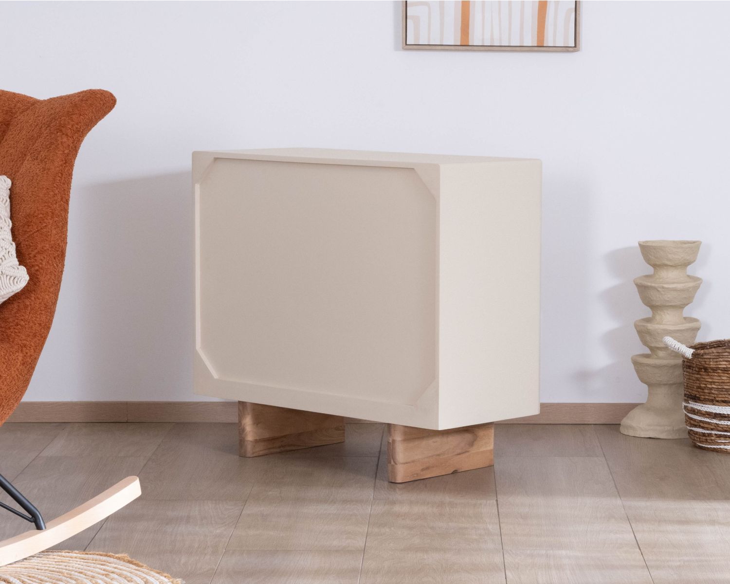 Petit rangement design en acacia naturel et finition aspect béton sablé "Miona"