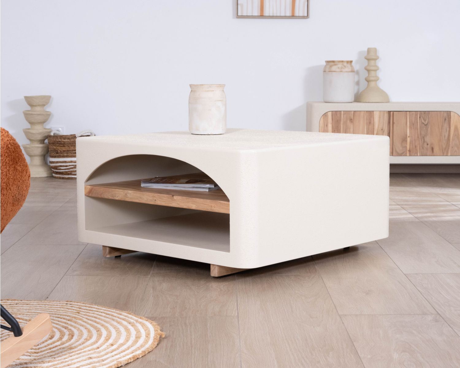 Table basse carrée design organique aspect béton sablé "Miona"