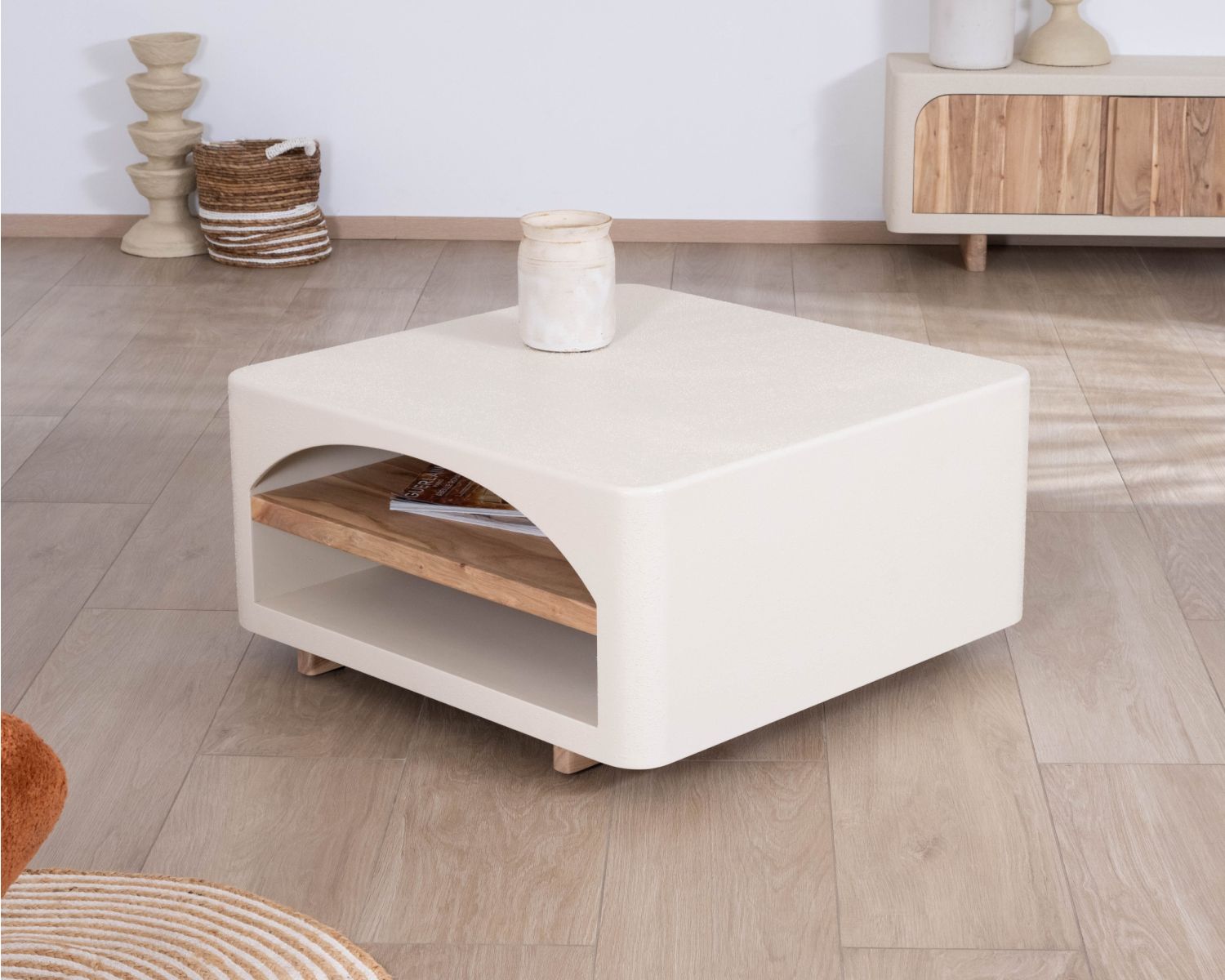 Table basse carrée design organique aspect béton sablé "Miona"