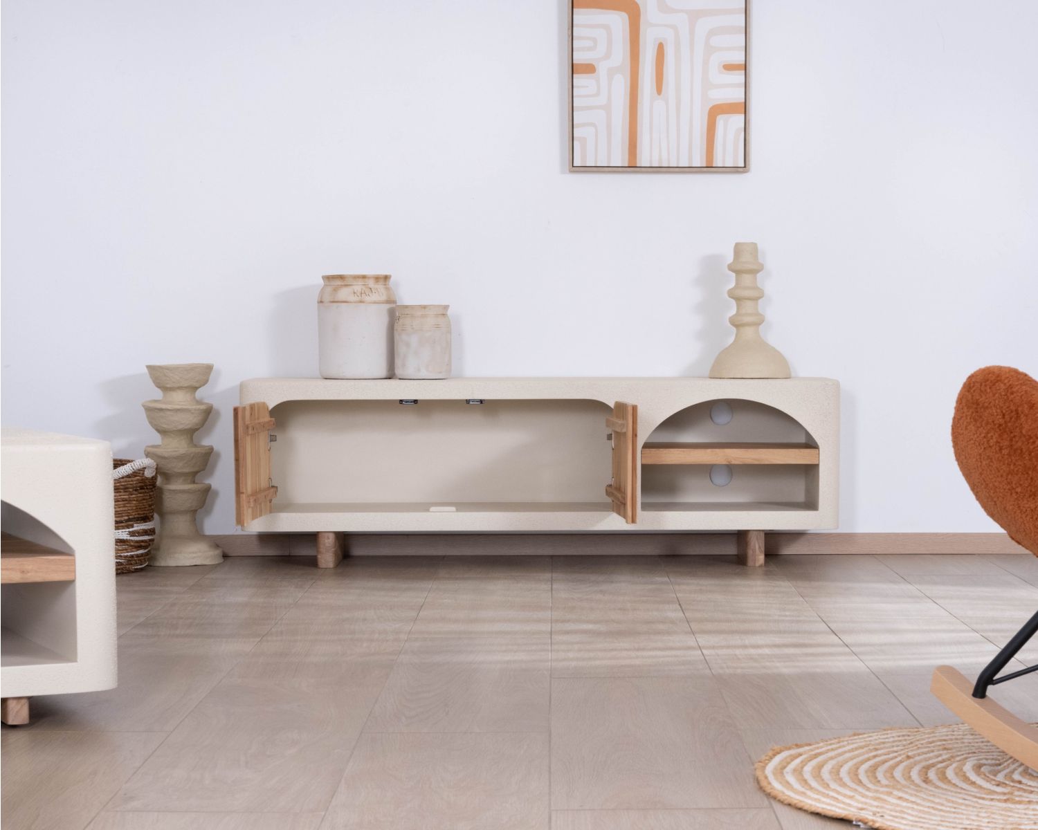 Meuble TV contemporain aspect béton sablé et acacia "Miona"