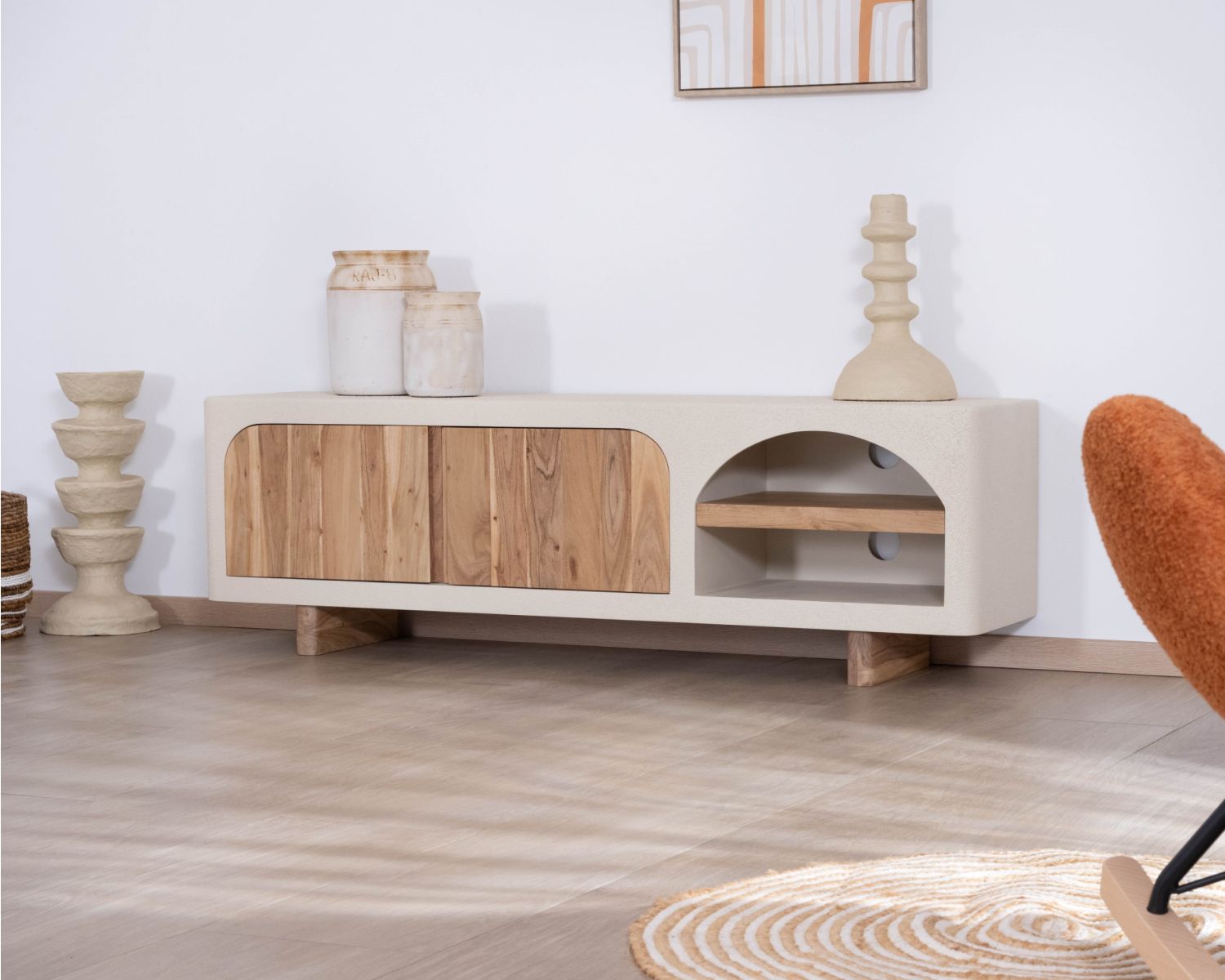 Meuble TV contemporain aspect béton sablé et acacia "Miona"