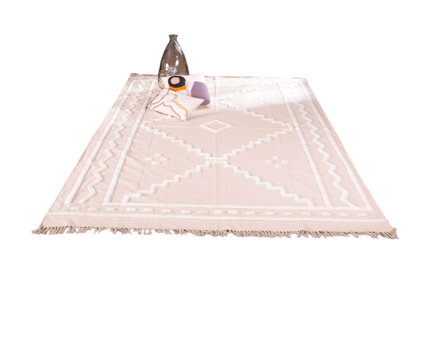 Grand tapis rectangulaire beige et motifs brodés blancs "Matis" 200 x 300 cm