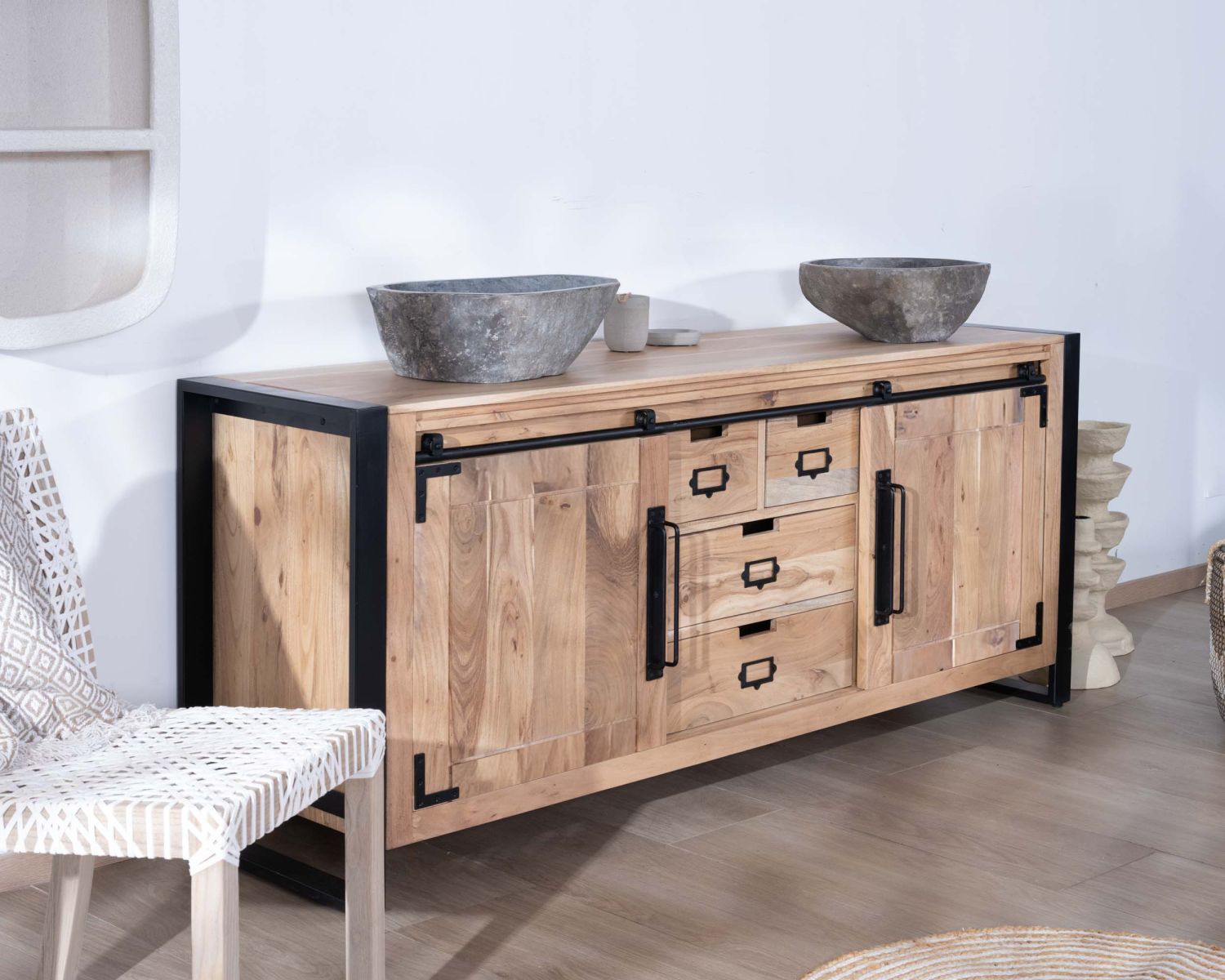 Meuble de salle de bain bois massif et pieds métal "Montréal" 150cm