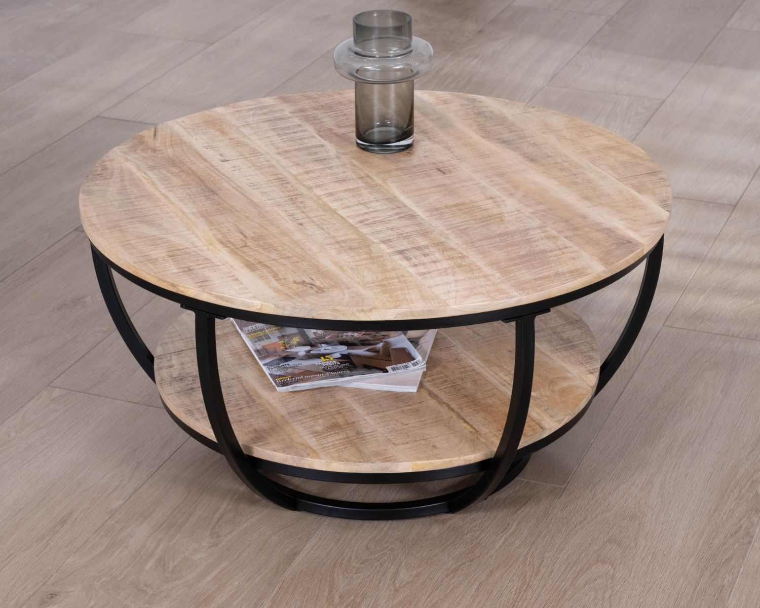 Table basse ronde double plateau en manguier massif et structure métal noir "Loopie"