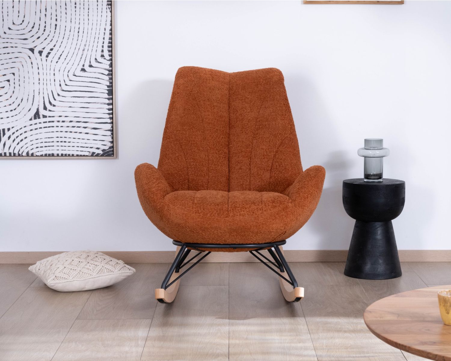 Fauteuil à bascule contemporain en tissu bouclette rouille "Calista"