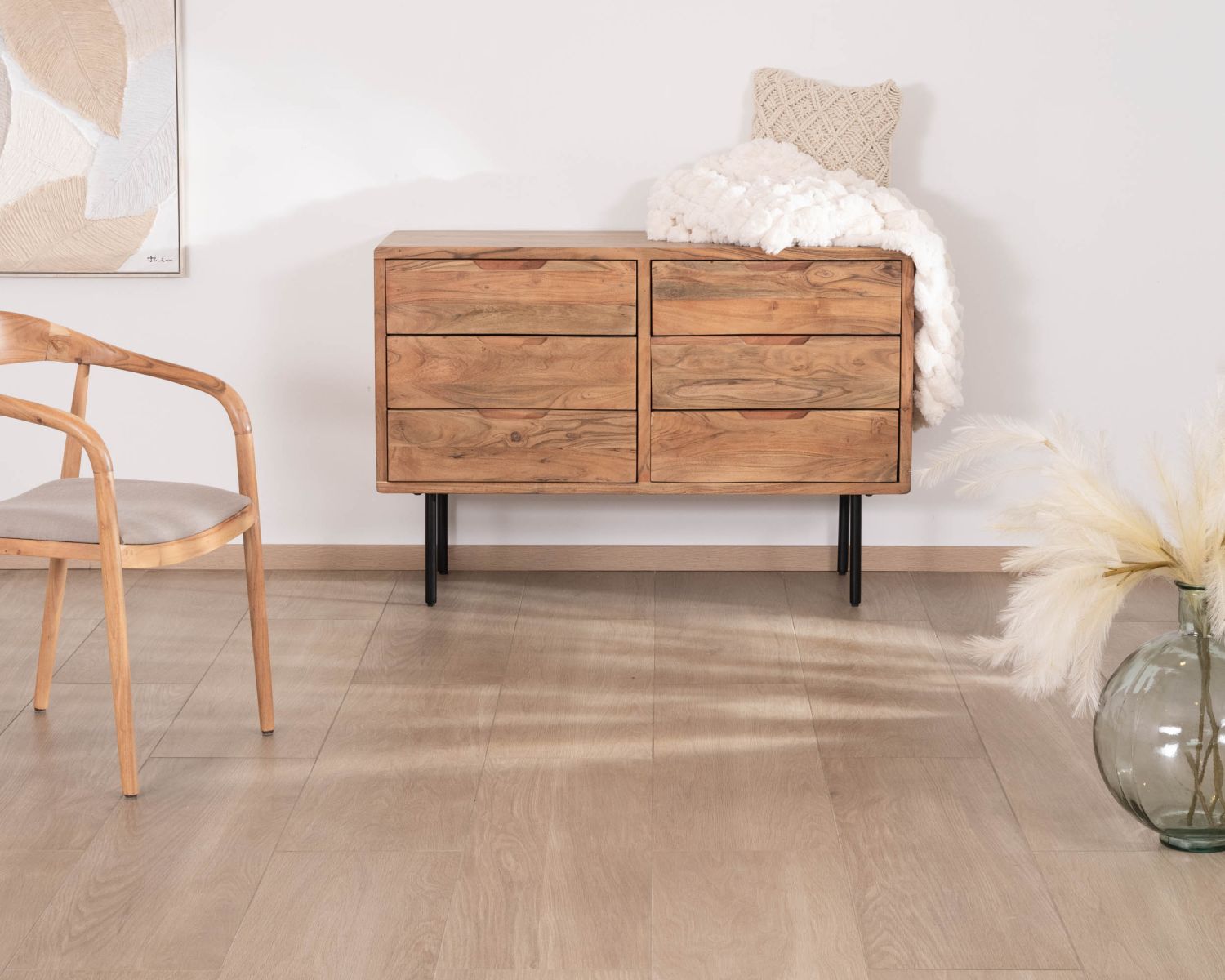 Commode épurée 6 tiroirs en acacia naturel et métal "Alto"