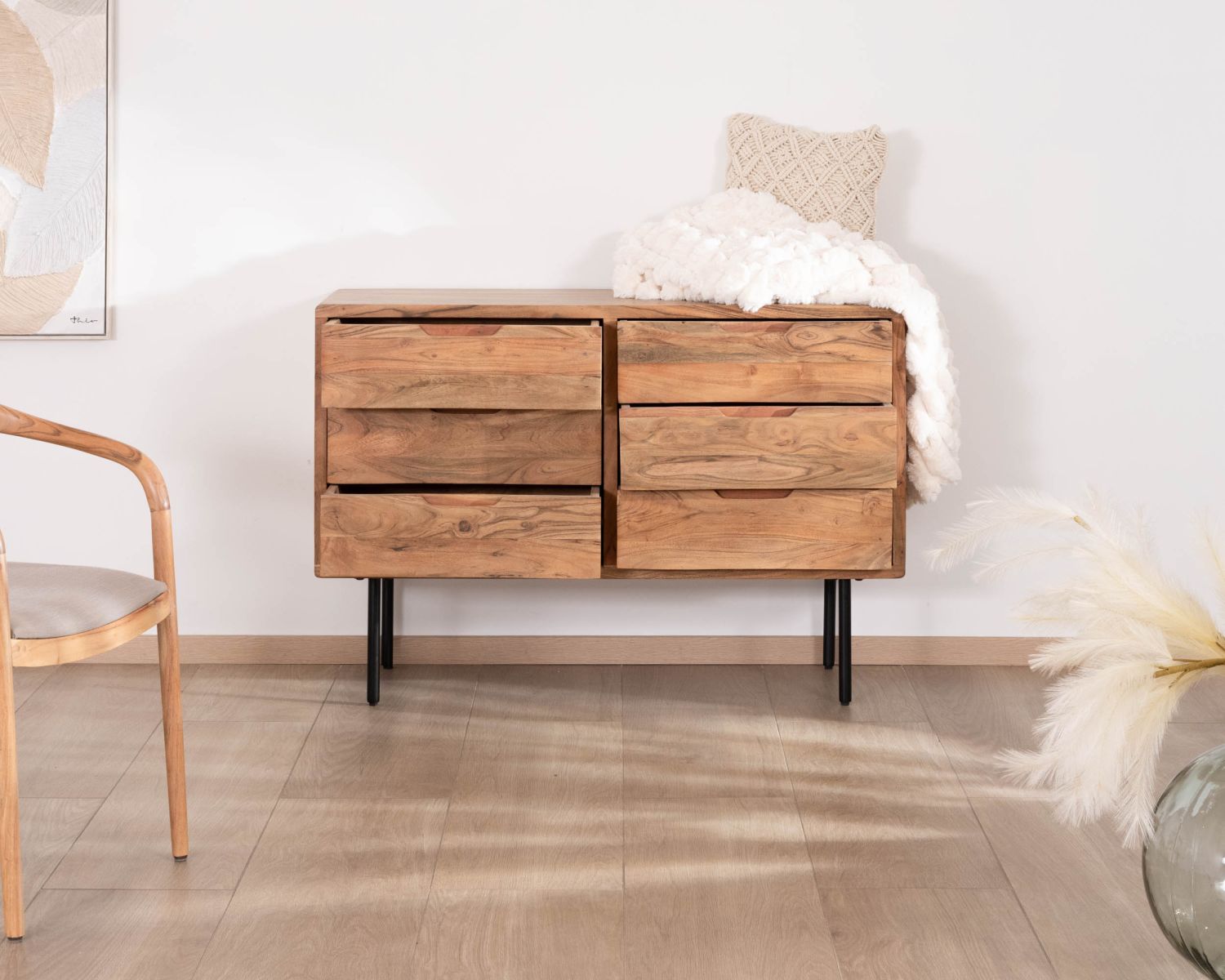 Commode épurée 6 tiroirs en acacia naturel et métal "Alto"