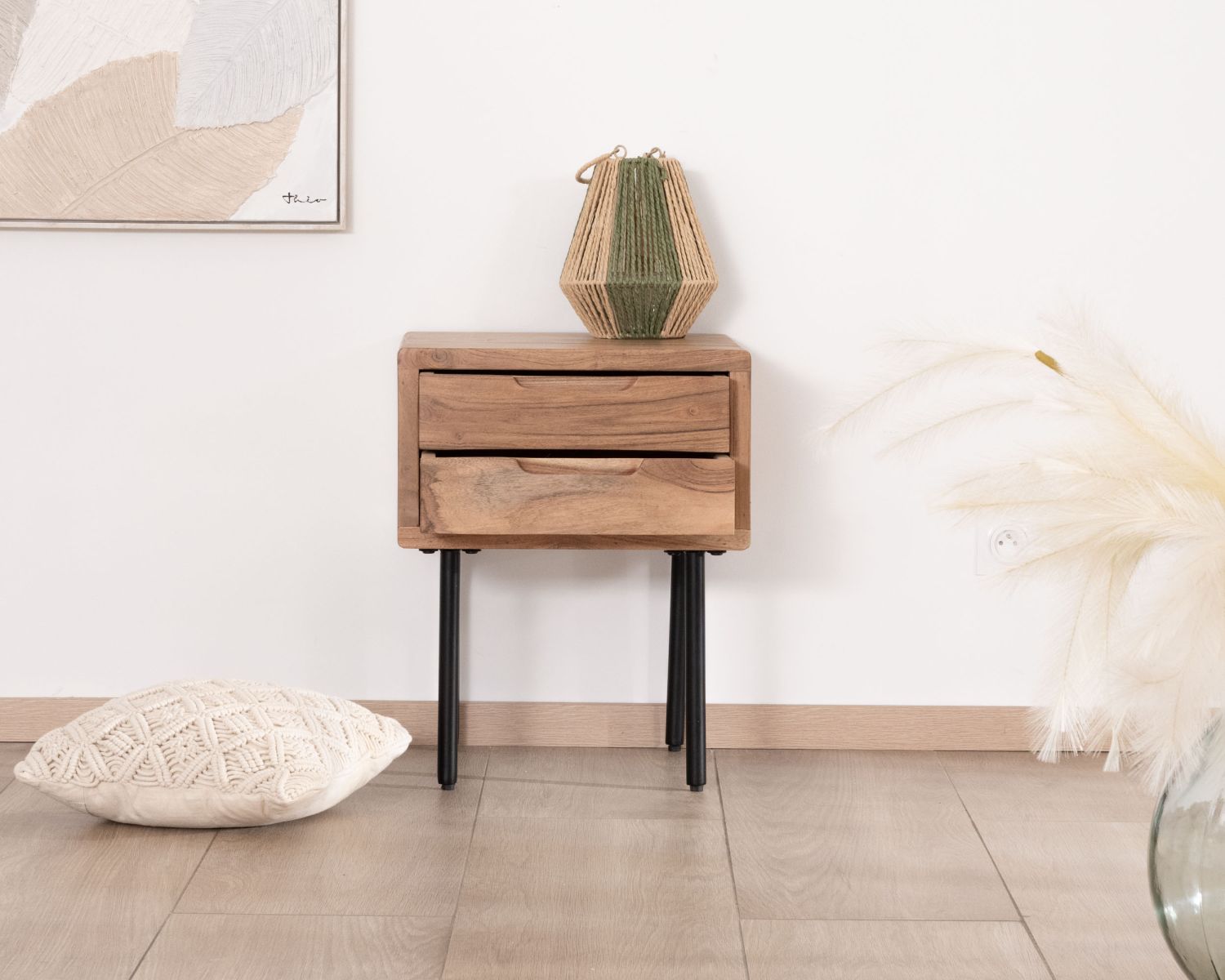 Table de chevet épurée en acacia naturel et métal "Alto" 2 tiroirs