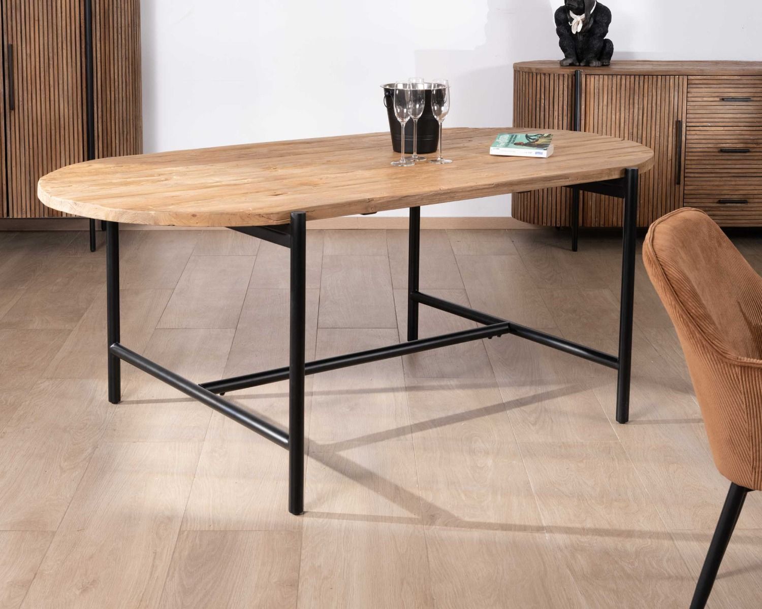 Table de salle à manger vintage en teck et métal "Troms" 200 x 100 cm