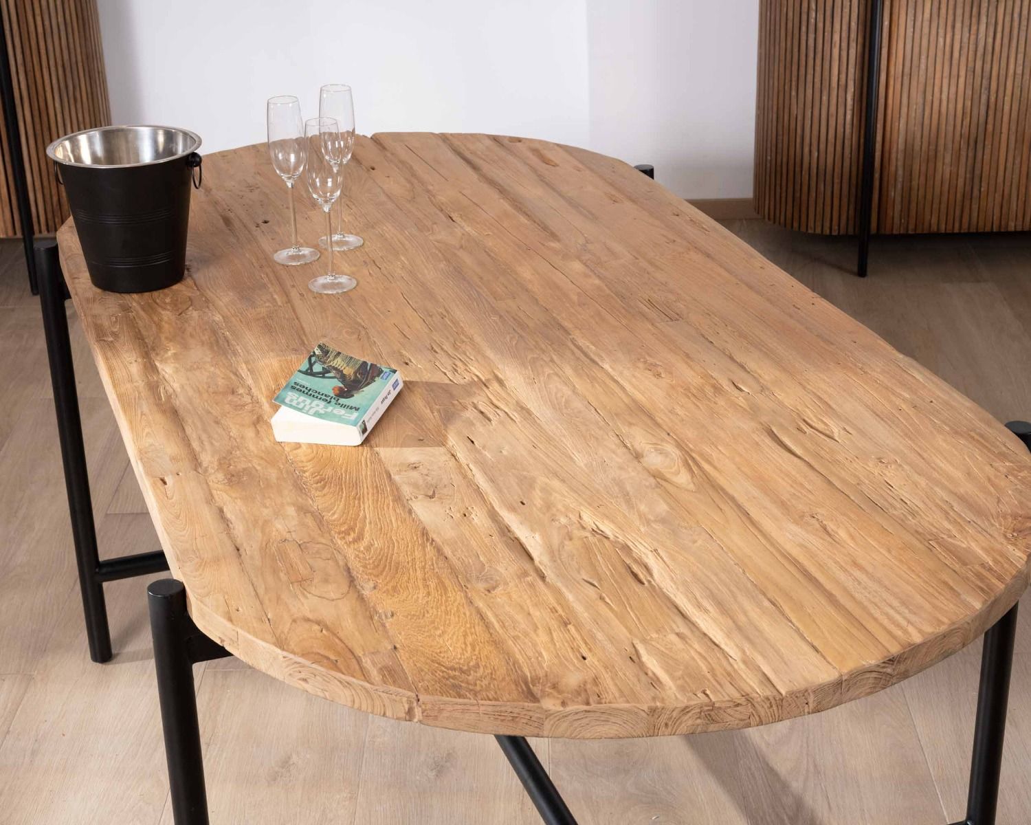 Table de salle à manger vintage en teck et métal "Troms" 200 x 100 cm