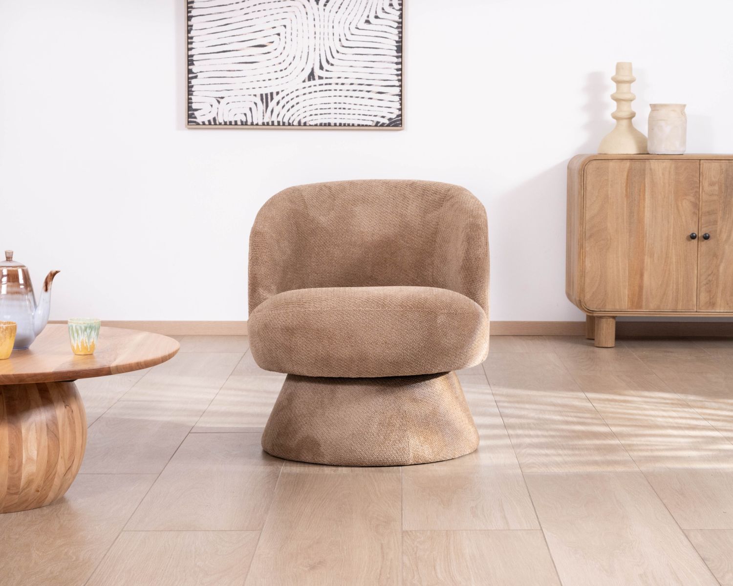 Fauteuil d'appoint tournant 360° en tissu chenillé camel "Ladoga"