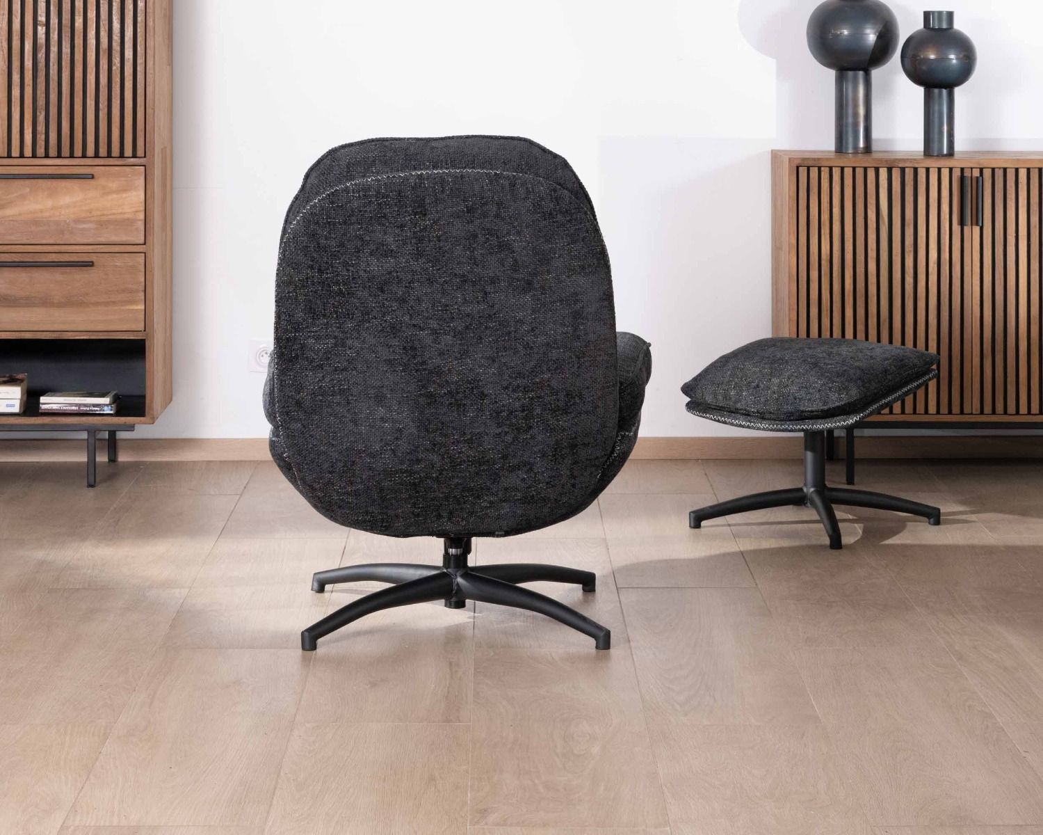 Fauteuil rétro avec pouf en tissu doux gris anthracite "Branson"