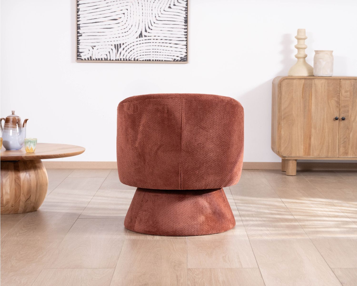 Fauteuil d'appoint pivotant en tissu chenillé terracotta "Ladoga" design enveloppant