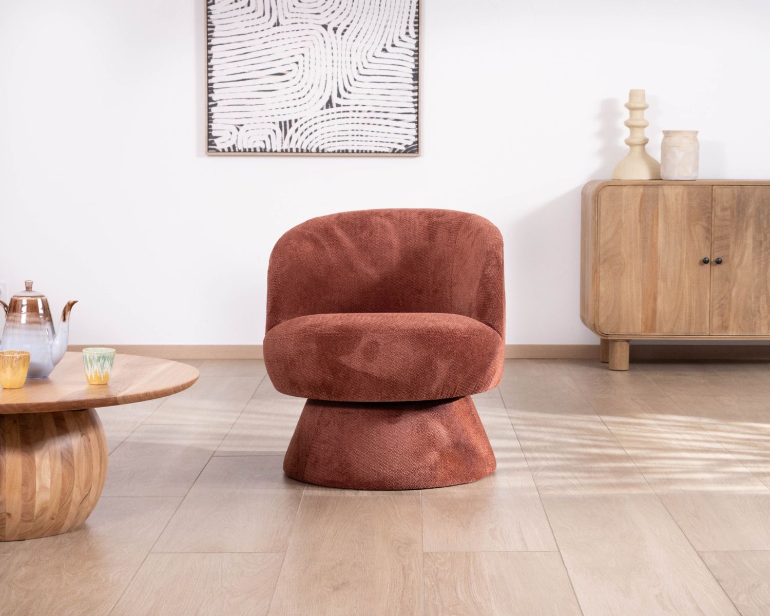 Fauteuil d'appoint pivotant en tissu chenillé terracotta "Ladoga" design enveloppant
