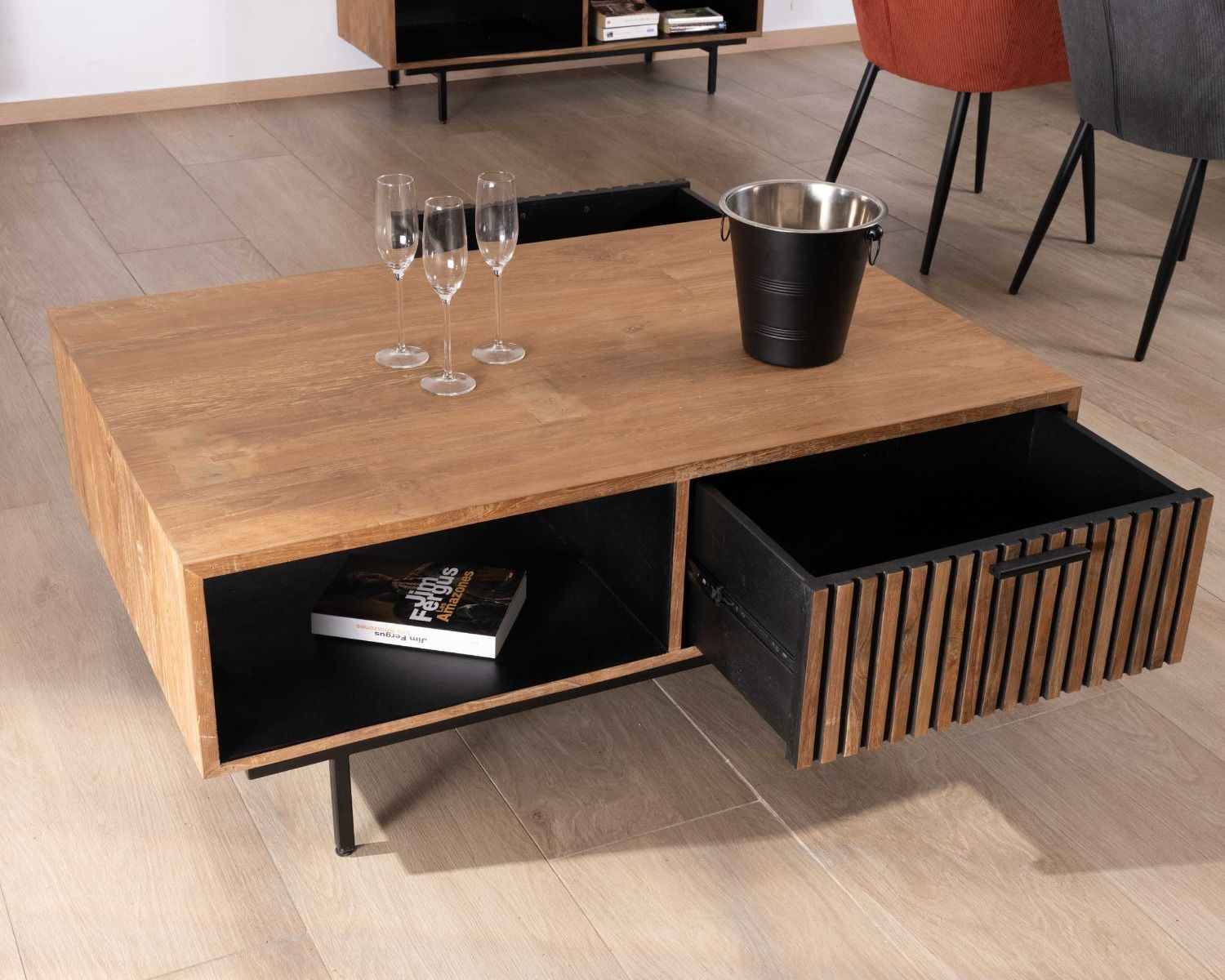 Table de salon 120 cm en teck recyclé "Opland" style rétro