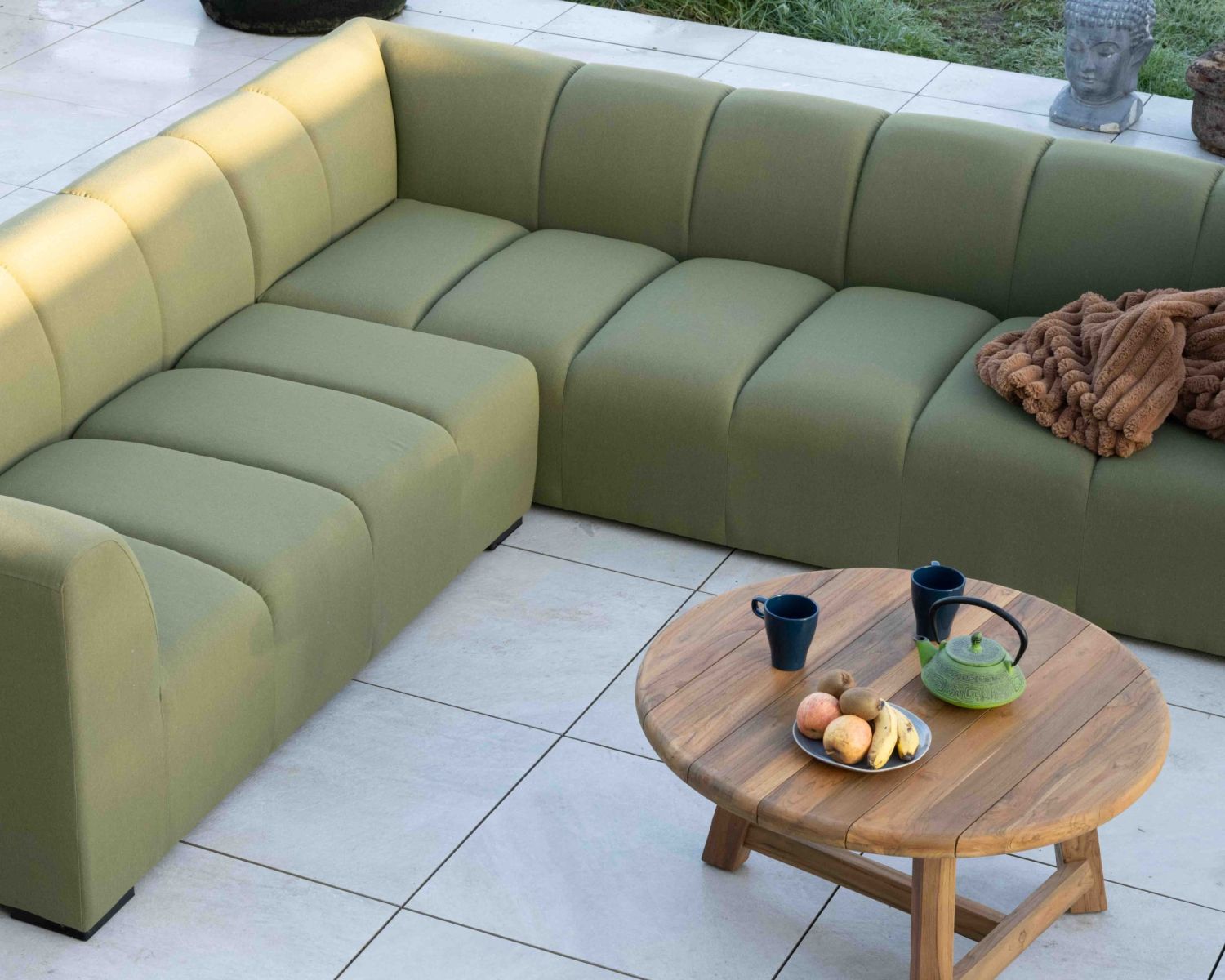 Canapé d'angle haut de gamme spéciale extérieur tissu vert "Terrasse"