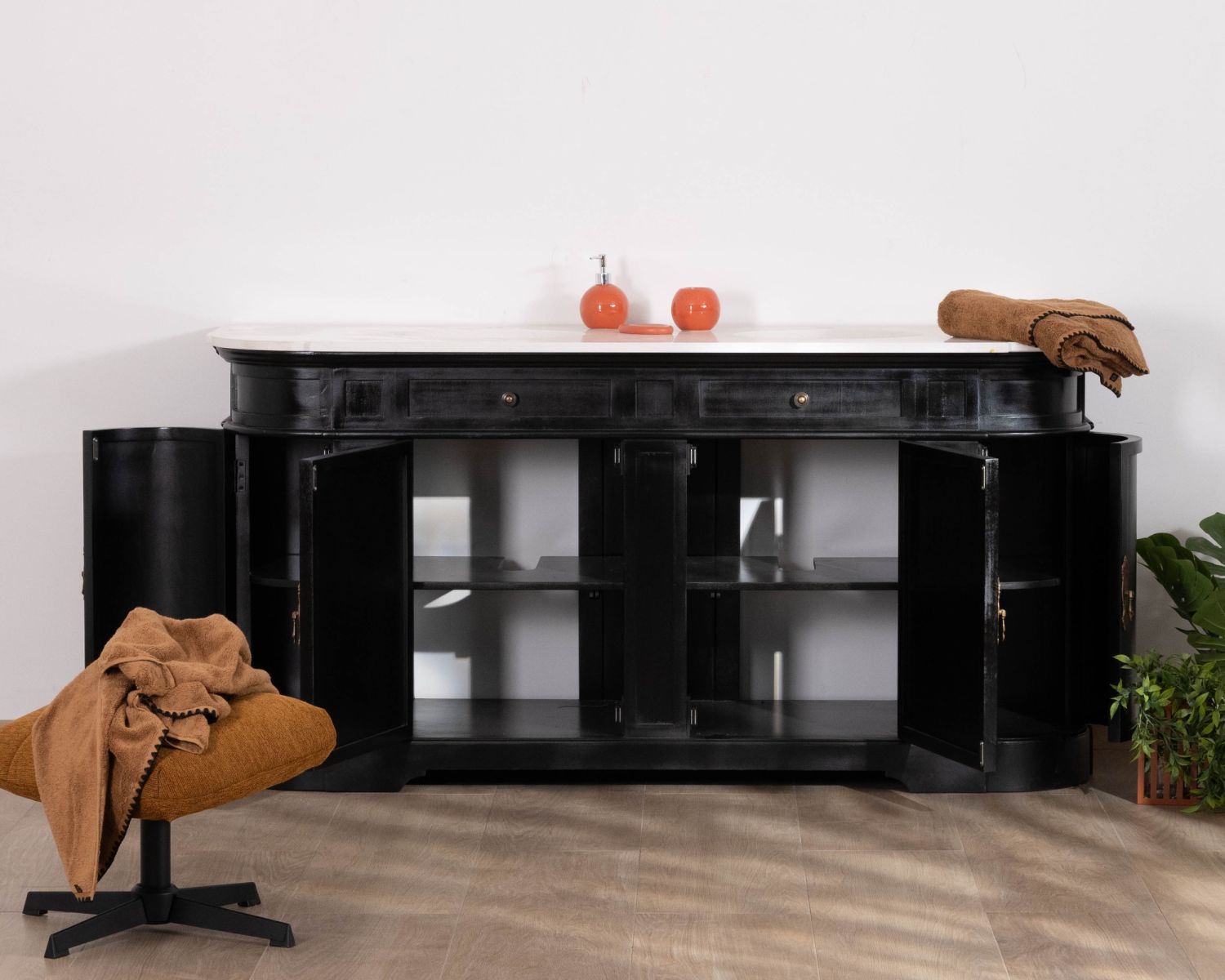 Meuble double vasque coins arrondis bois noir quartz blanc "Églantine"