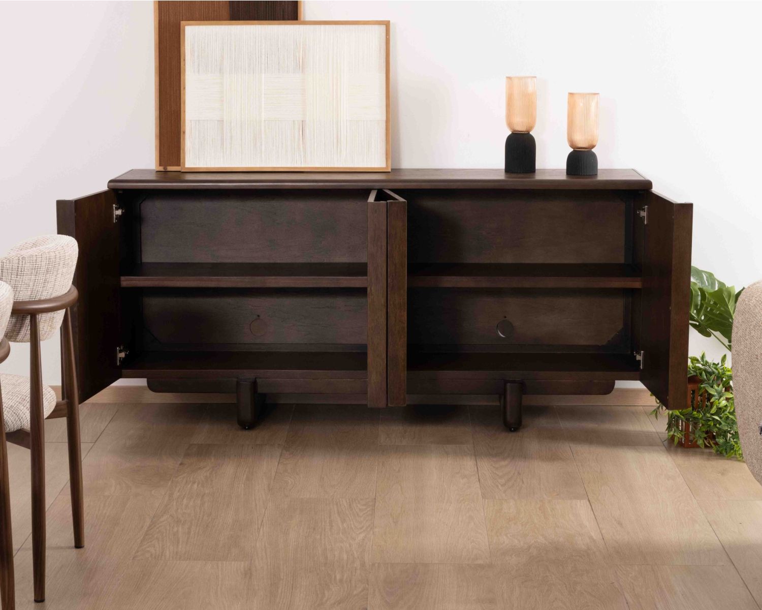 Buffet bas 4 portes esprit japandi "Laumie" teinte foncée