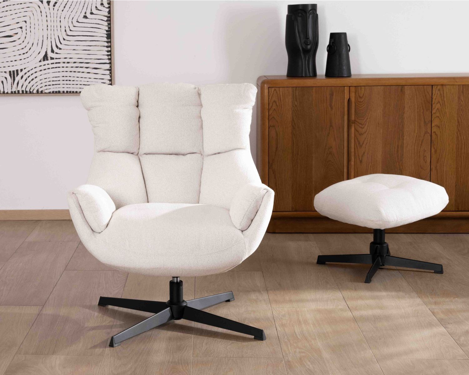 Fauteuil pivotant avec repose-pieds modulaire en tissu bouclette écru "Calista"