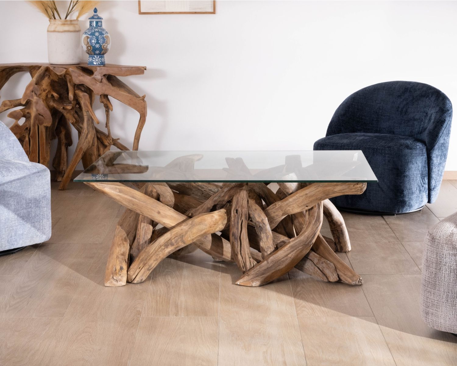 Table basse rectangulaire 120 cm en bois de teck recyclé avec plateau en verre "Kanoa"