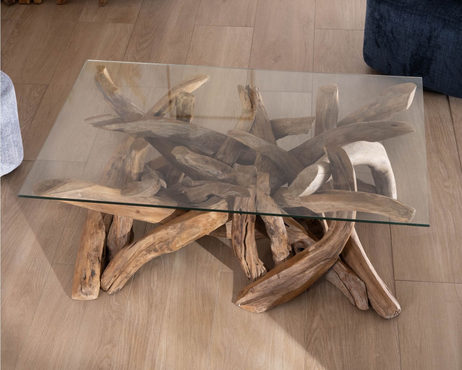 Table basse rectangulaire 120 cm en bois de teck recyclé avec plateau en verre "Kanoa"