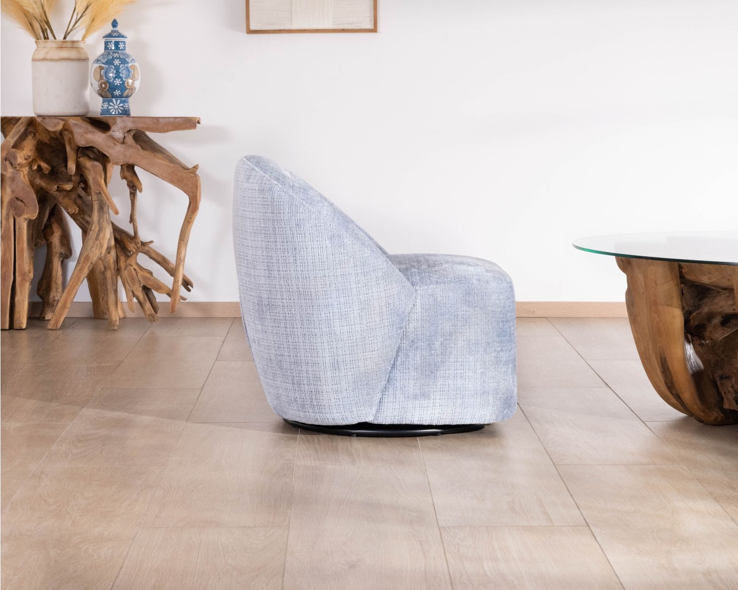 Chauffeuse tournante design épuré en tissu bleu glacier "Marylin"