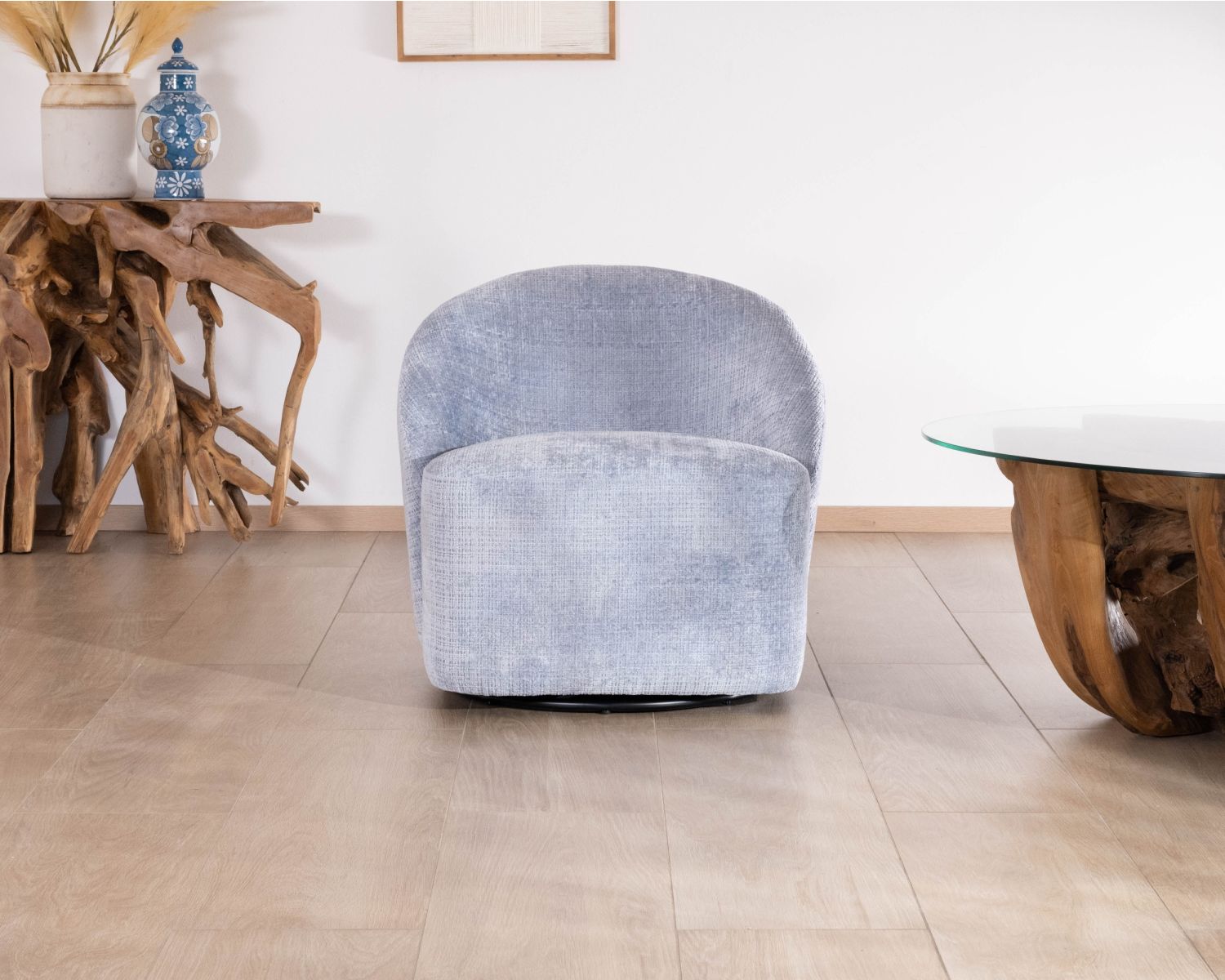 Chauffeuse tournante design épuré en tissu bleu glacier "Marylin"