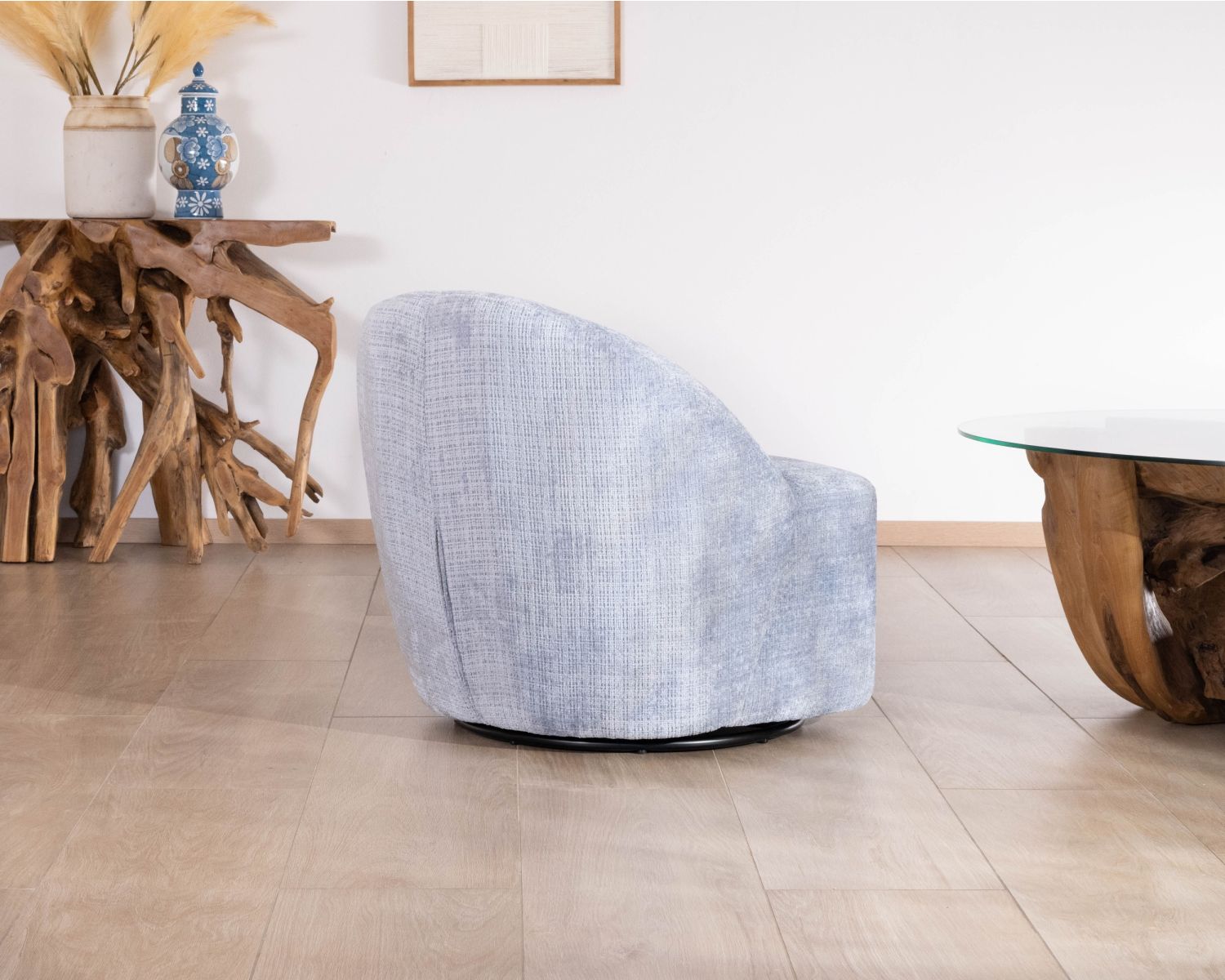 Chauffeuse tournante design épuré en tissu bleu glacier "Marylin"