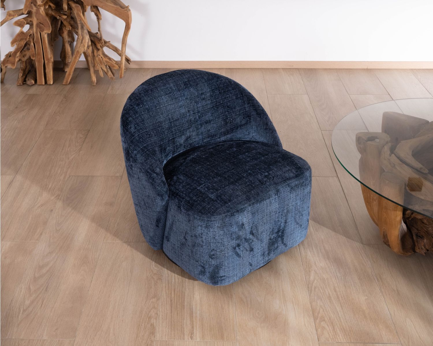 Petit fauteuil d'appoint design épuré en tissu bleu nuit "Marylin" pivotant 360°