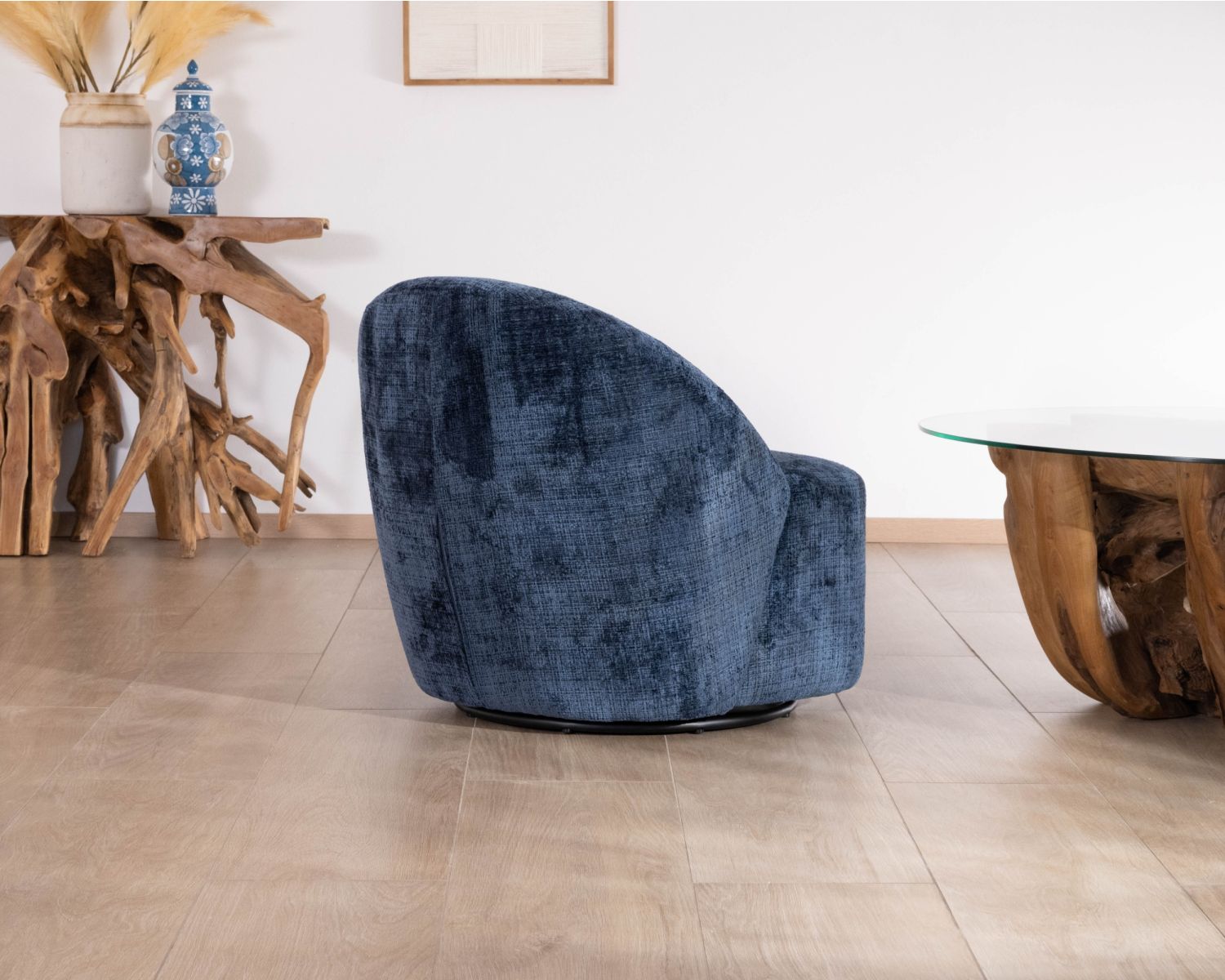 Petit fauteuil d'appoint design épuré en tissu bleu nuit "Marylin" pivotant 360°