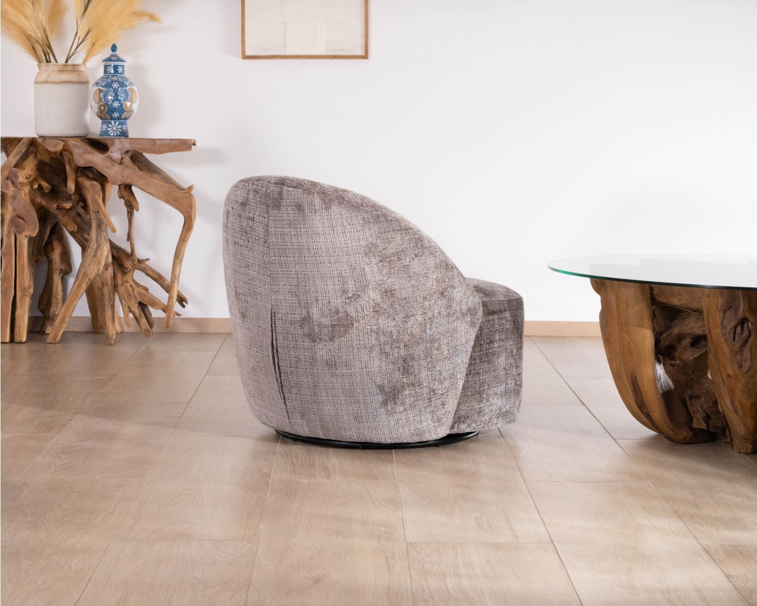 Petit fauteuil pivotant esprit chauffeuse contemporaine en tissu bouclette gris cendré "Marylin"