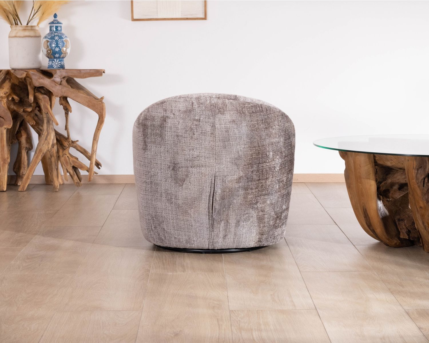 Petit fauteuil pivotant esprit chauffeuse contemporaine en tissu bouclette gris cendré "Marylin"