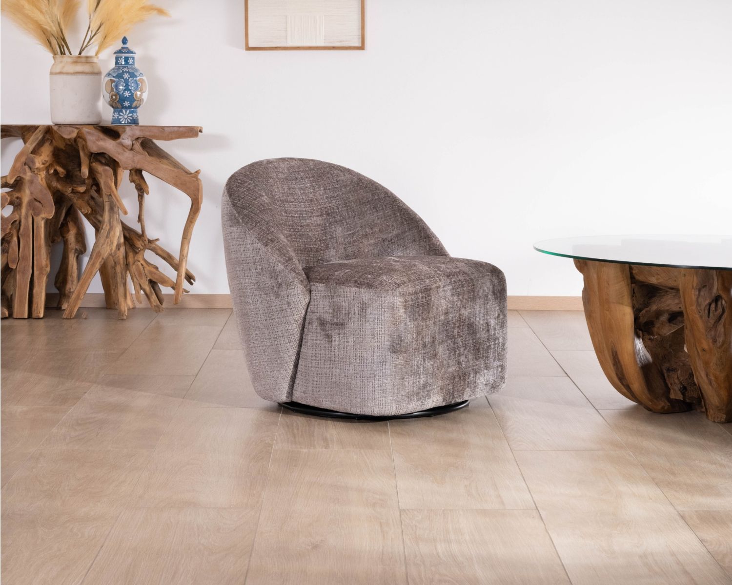 Petit fauteuil pivotant esprit chauffeuse contemporaine en tissu bouclette gris cendré "Marylin"