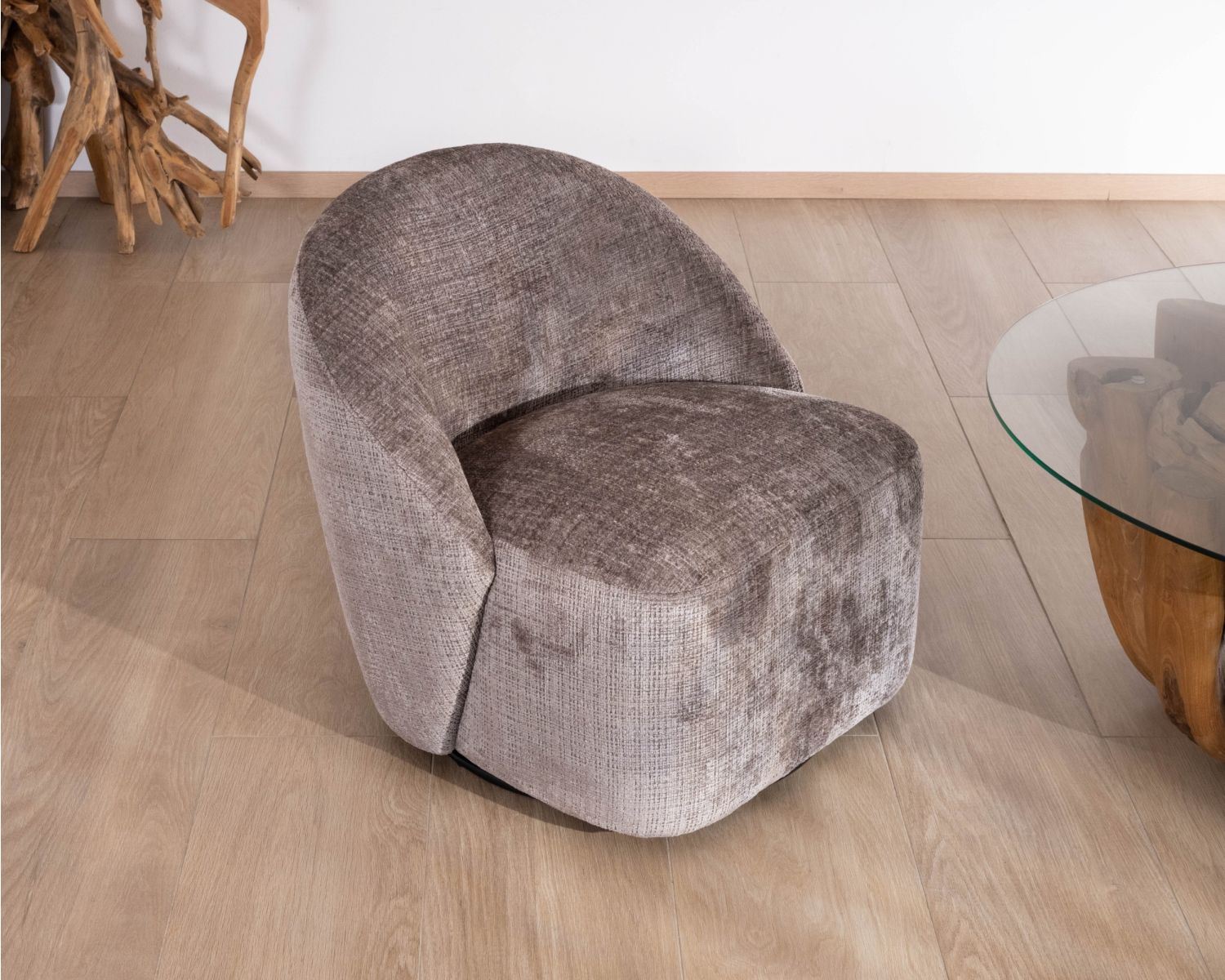 Petit fauteuil pivotant esprit chauffeuse contemporaine en tissu bouclette gris cendré "Marylin"