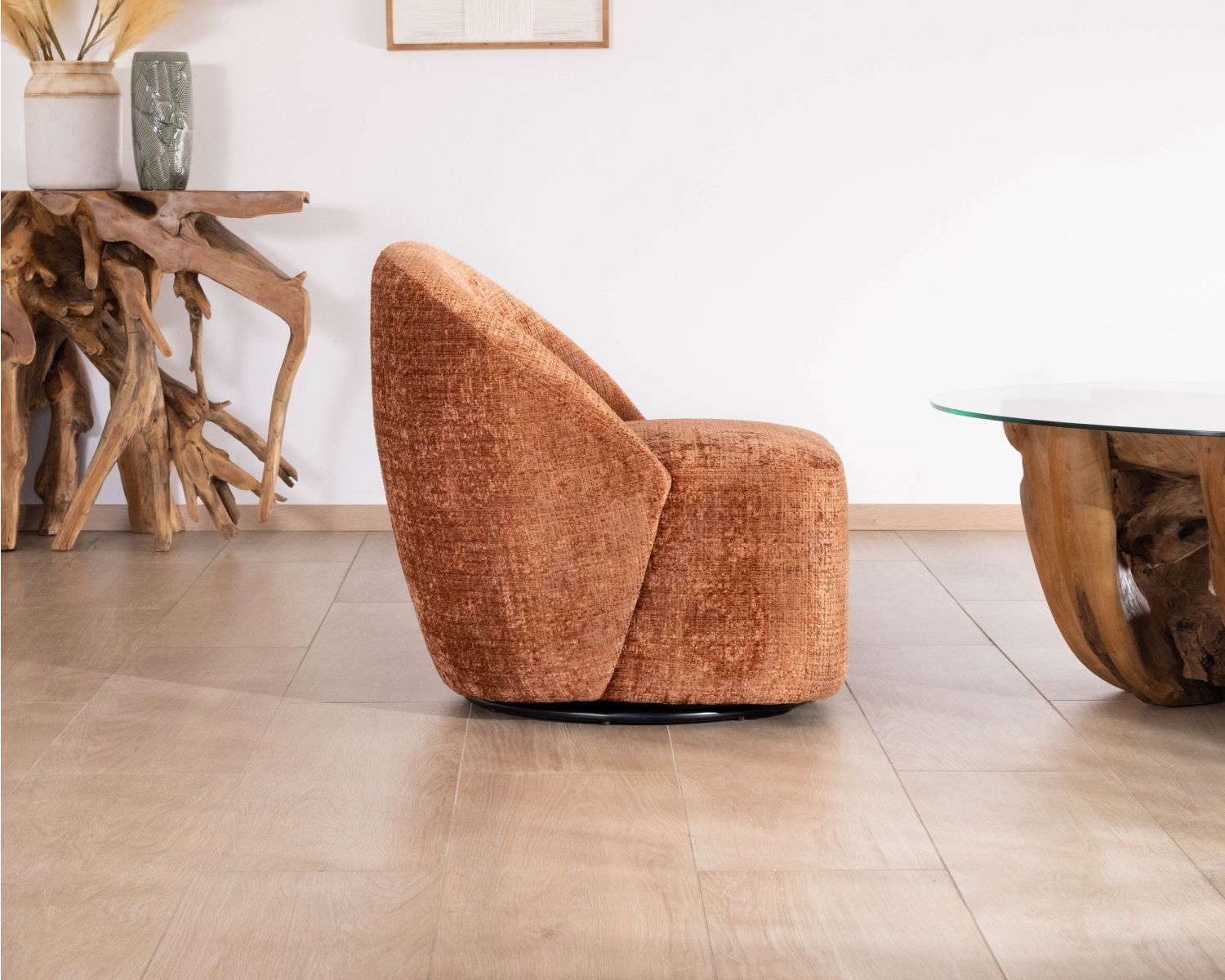 Chauffeuse design et cosy en tissu bouclette coloris terre de sienne "Marylin" pied rotatif 360°