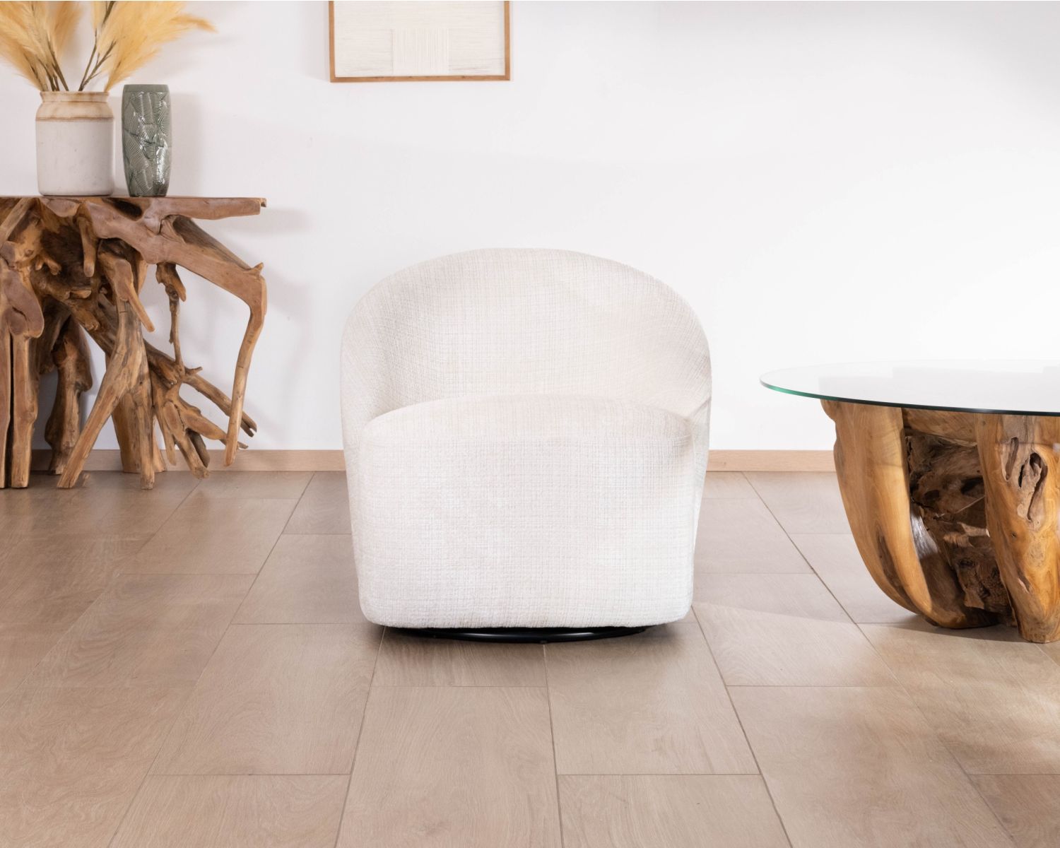 Chauffeuse pivotante 360° design épuré en tissu blanc "Marylin"