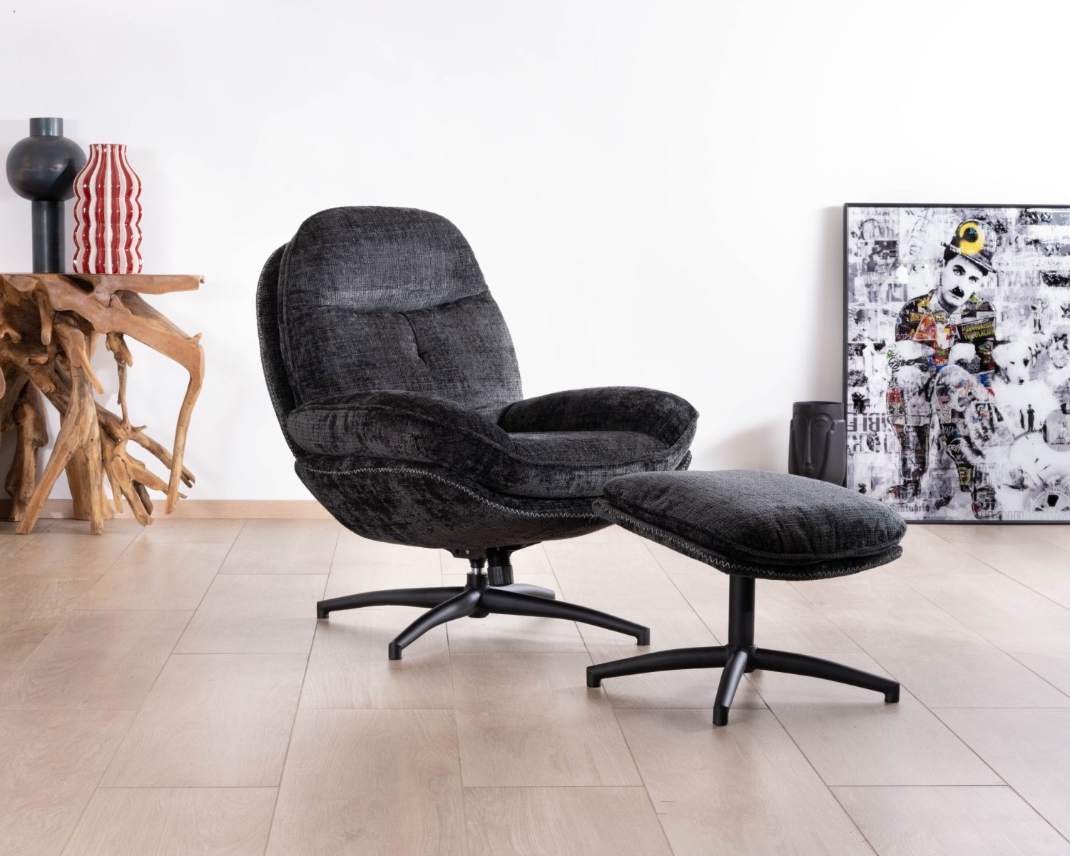 Fauteuil cosy rotatif design rétro en tissu gris "Branson" avec pouf